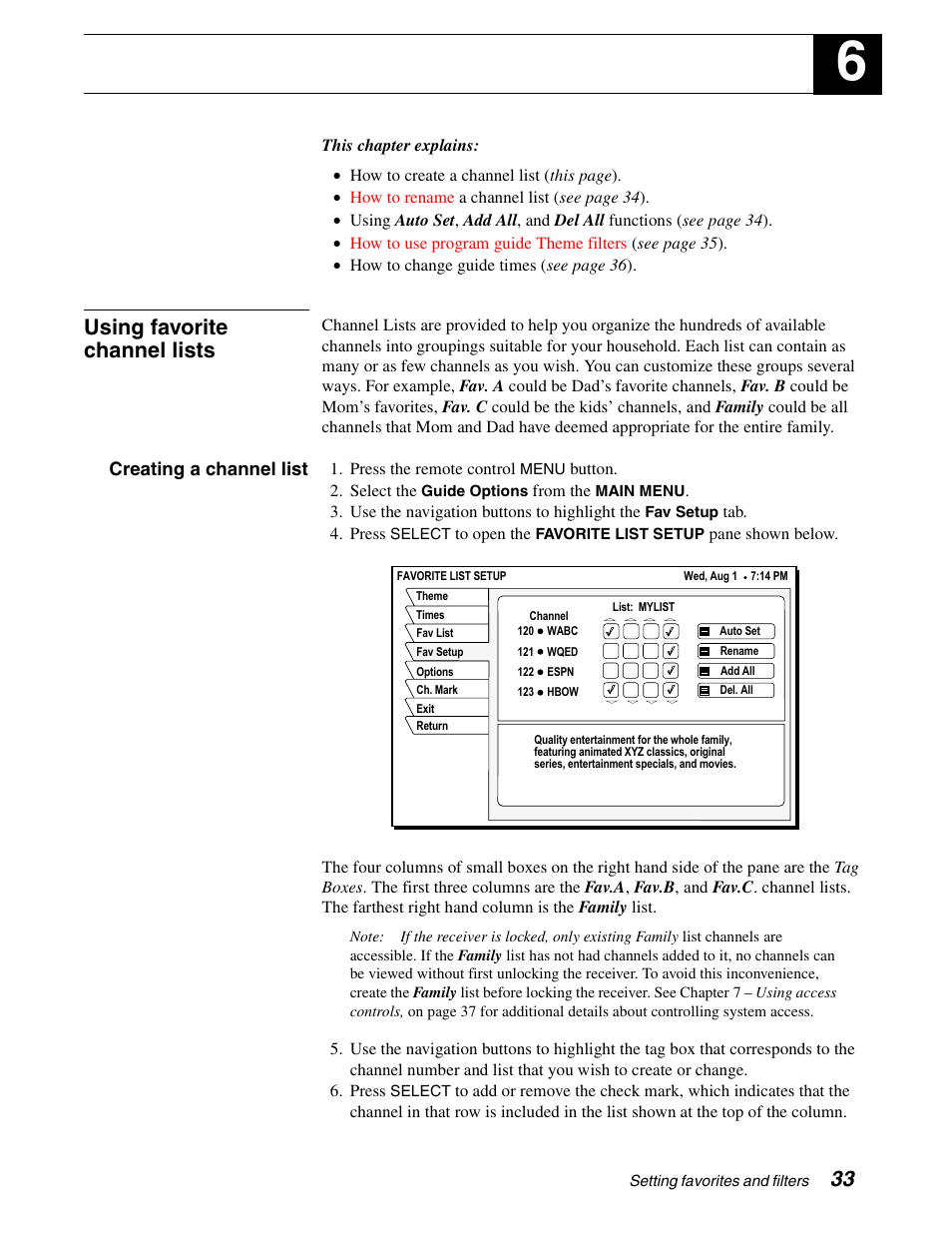 Setting favorites and filters, Using favorite channel lists | Sony SAT-A65A User Manual | Page 41 / 61