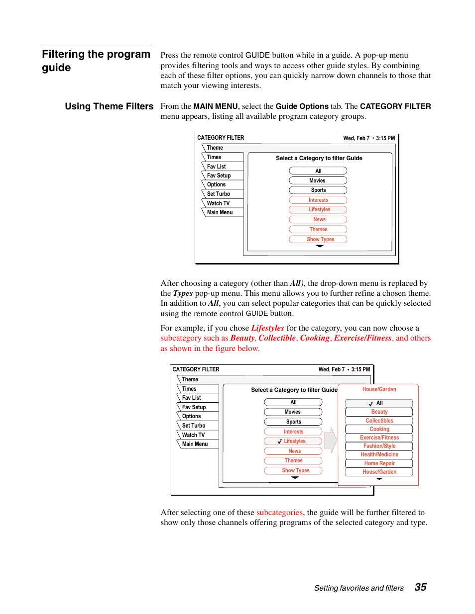 35 filtering the program guide, Using theme filters | Sony SAT-A65A User Manual | Page 43 / 61