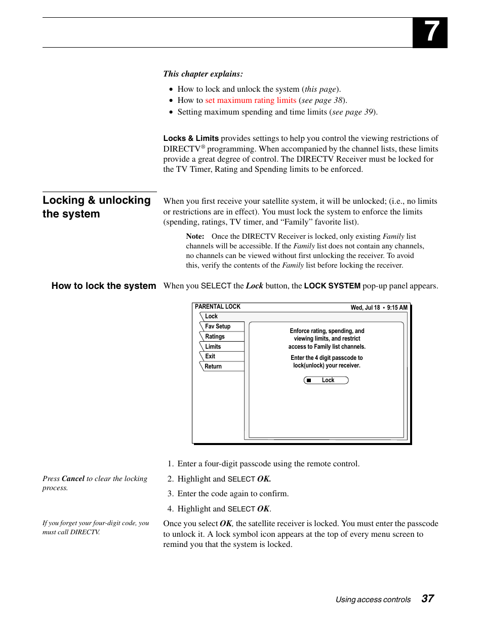 Using access controls, Locking & unlocking the system | Sony SAT-A65A User Manual | Page 45 / 61