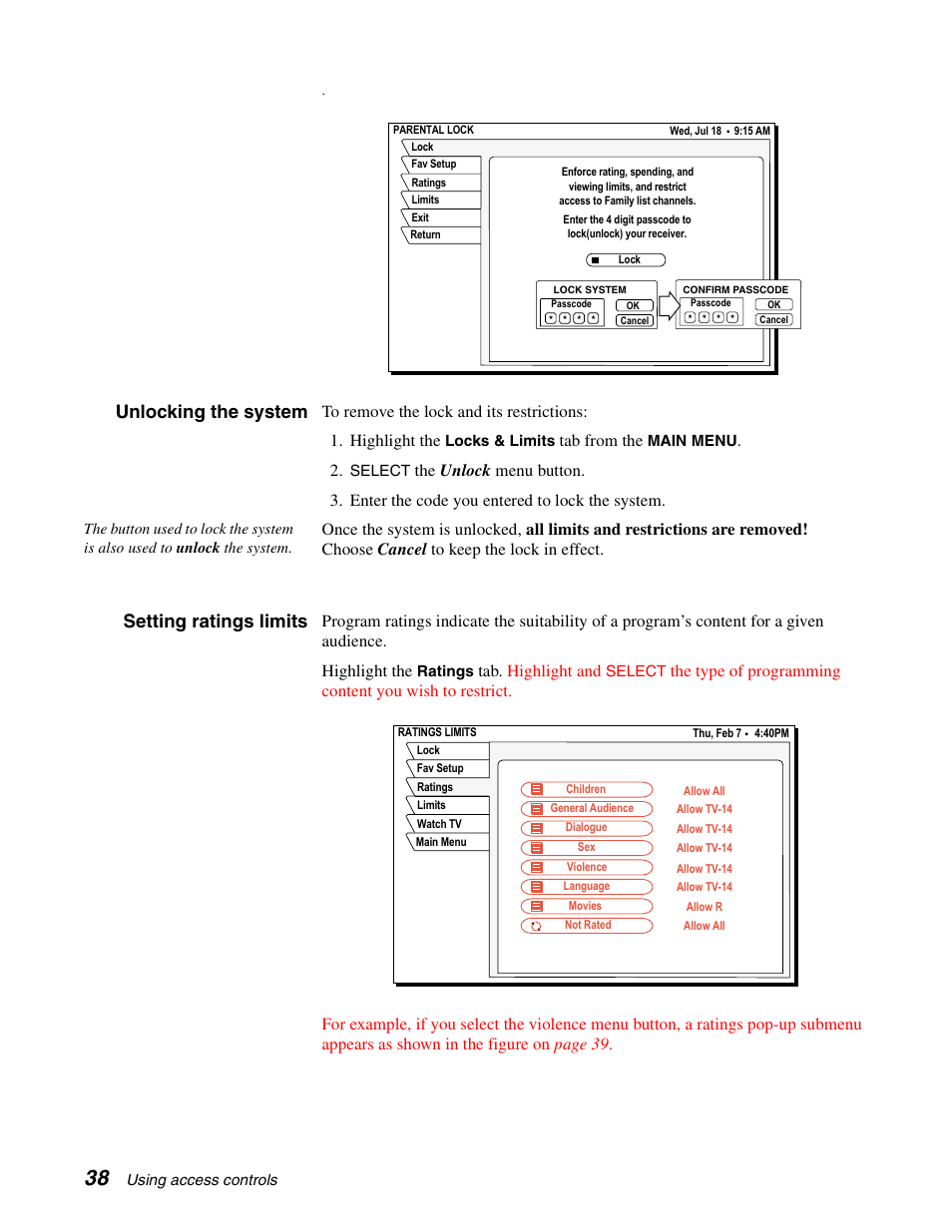 Unlocking the system, Setting ratings limits, Tab from the | Tab. highlight and | Sony SAT-A65A User Manual | Page 46 / 61