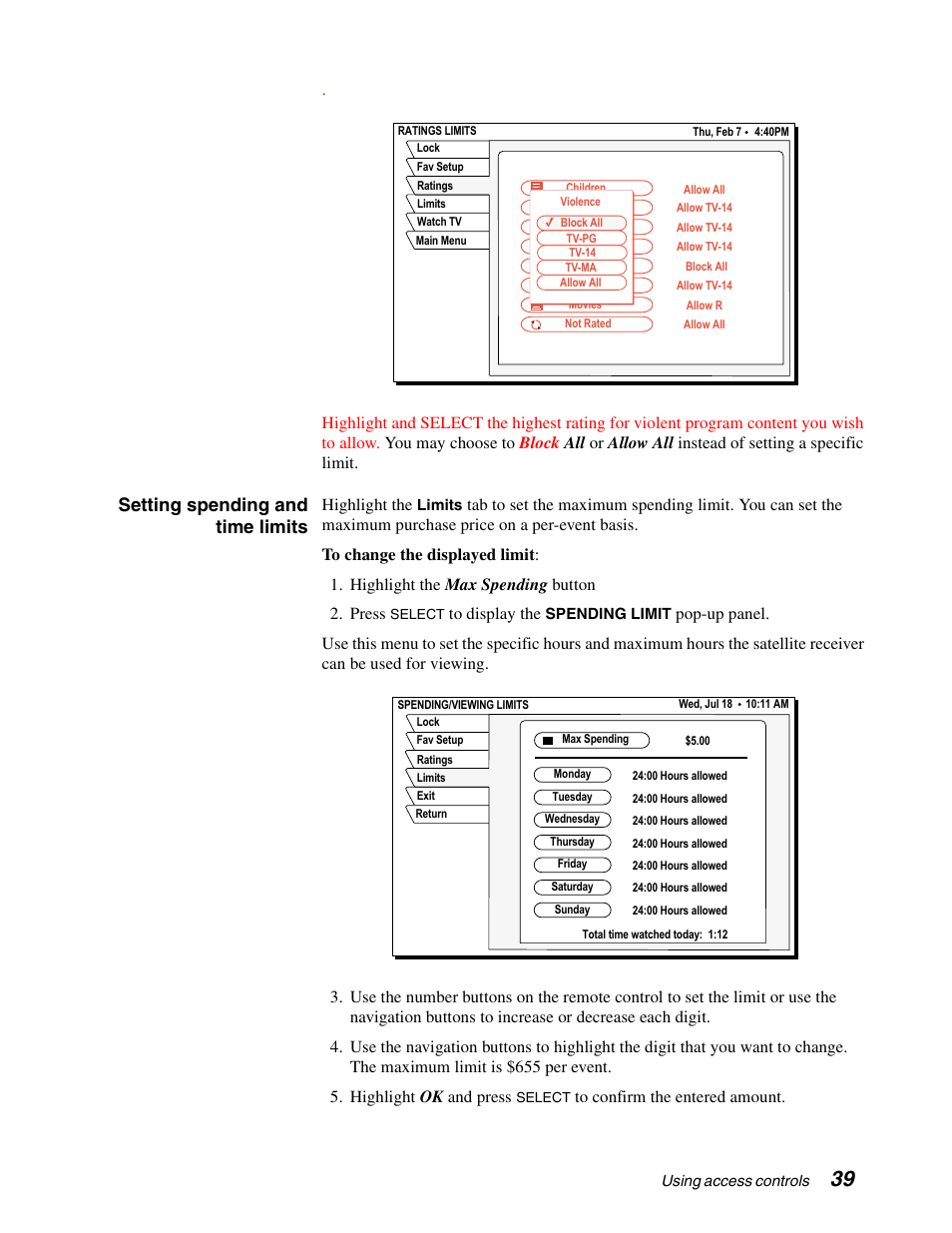 Setting spending and time limits | Sony SAT-A65A User Manual | Page 47 / 61