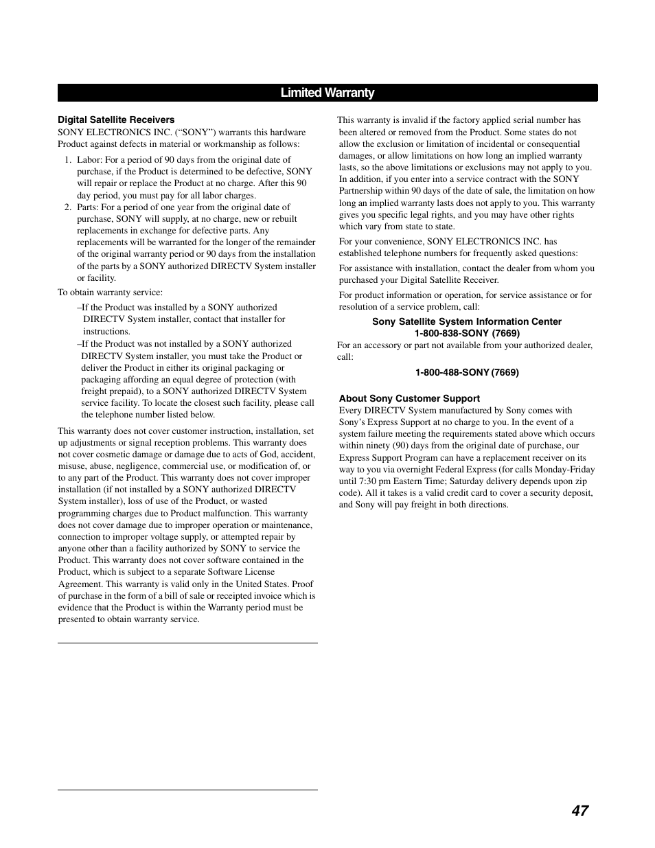 Limited warranty | Sony SAT-A65A User Manual | Page 55 / 61