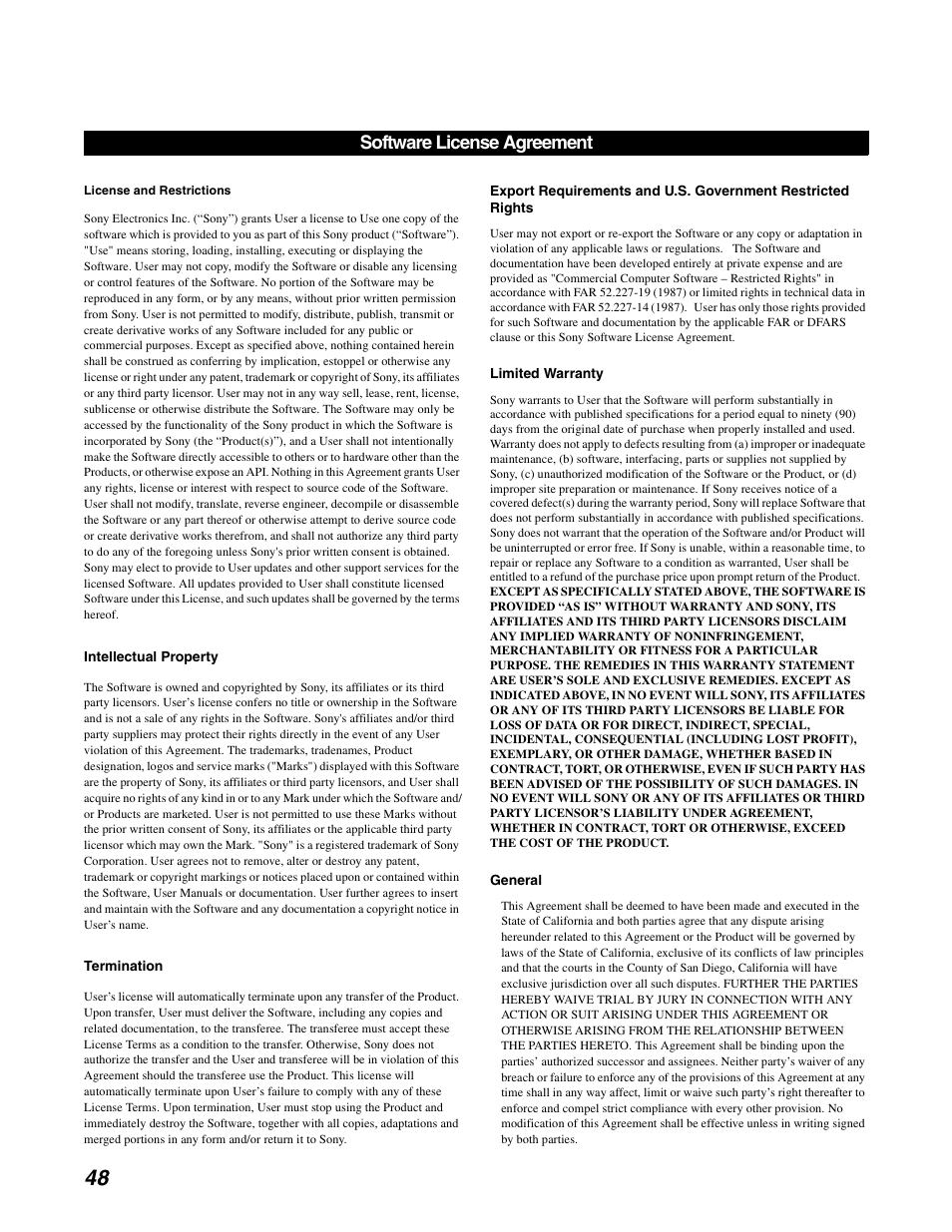 Software license agreement | Sony SAT-A65A User Manual | Page 56 / 61