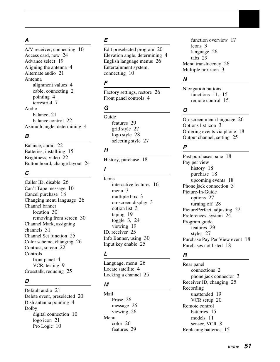 Index | Sony SAT-A65A User Manual | Page 59 / 61