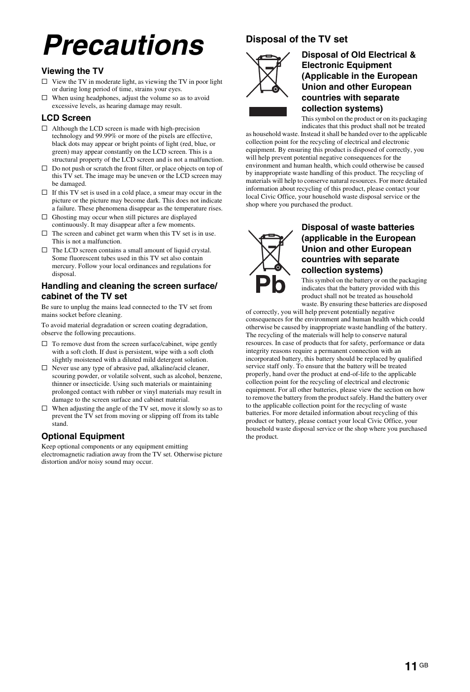 Precautions, Disposal of the tv set | Sony 4-106-868-11(1) User Manual | Page 11 / 55