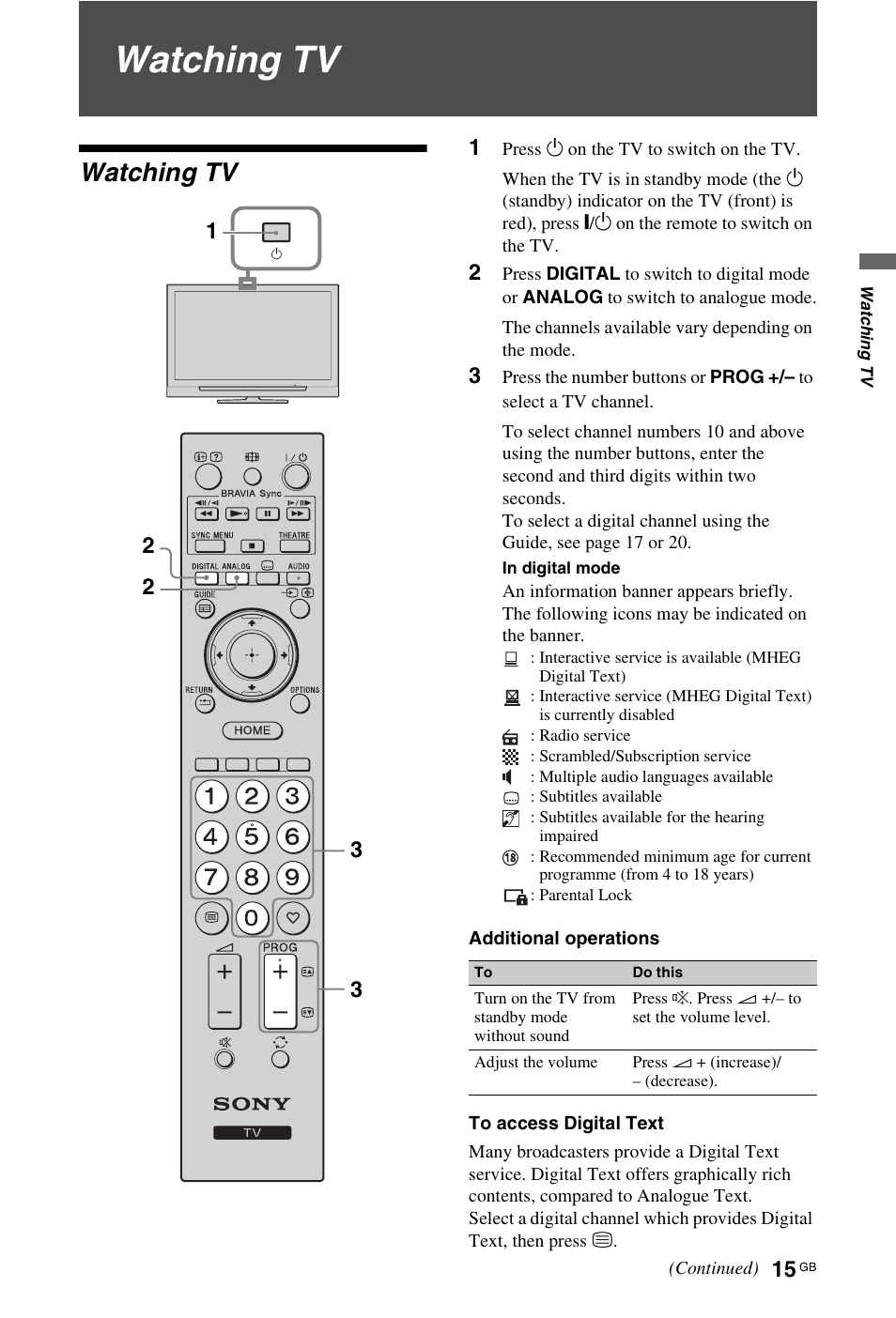 Watching tv | Sony 4-106-868-11(1) User Manual | Page 15 / 55