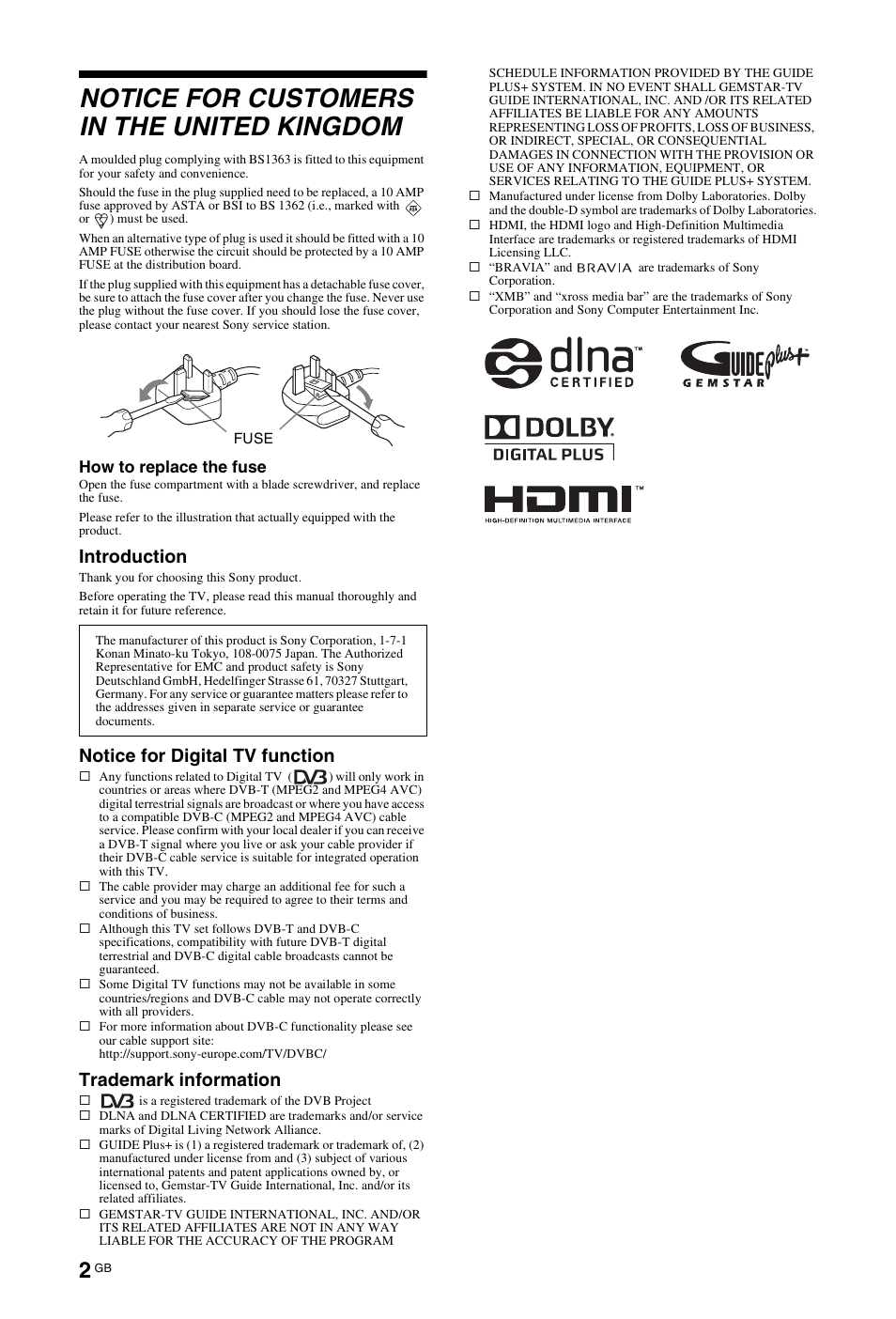 Notice for customers in the united kingdom, Introduction, Notice for digital tv function | Trademark information | Sony 4-106-868-11(1) User Manual | Page 2 / 55