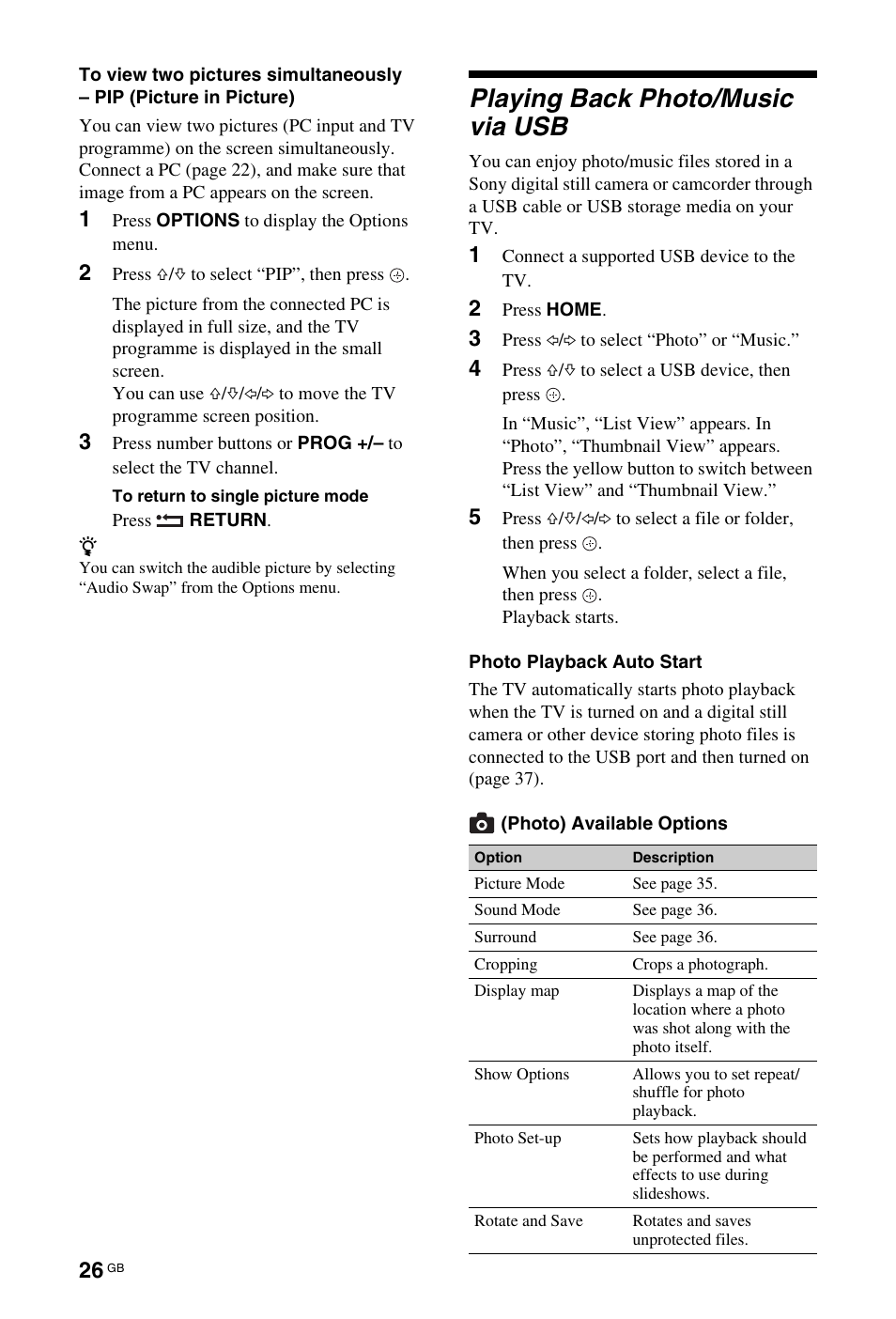 Playing back photo/music via usb | Sony 4-106-868-11(1) User Manual | Page 26 / 55