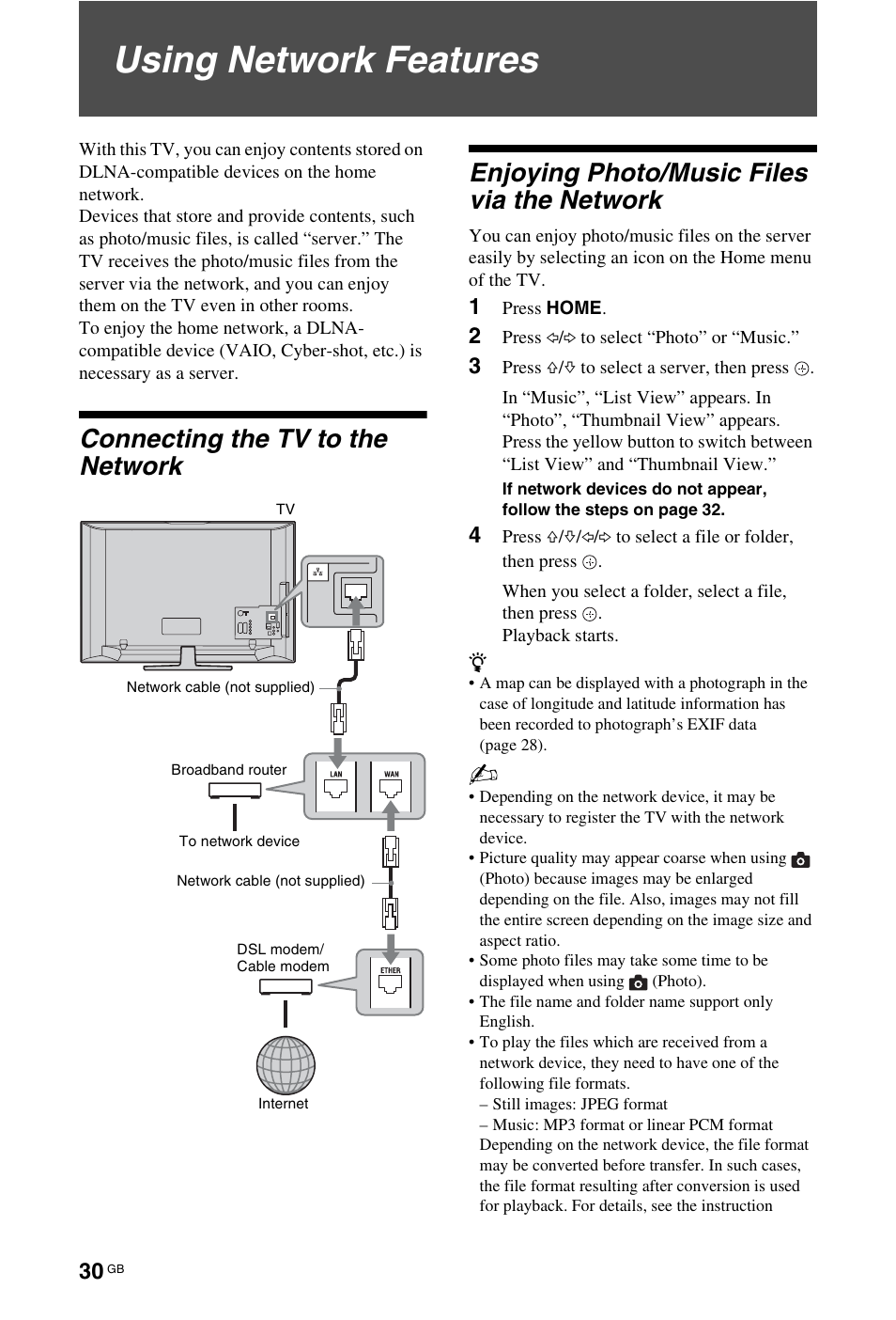 Using network features, Connecting the tv to the network, Enjoying photo/music files via the network | Sony 4-106-868-11(1) User Manual | Page 30 / 55