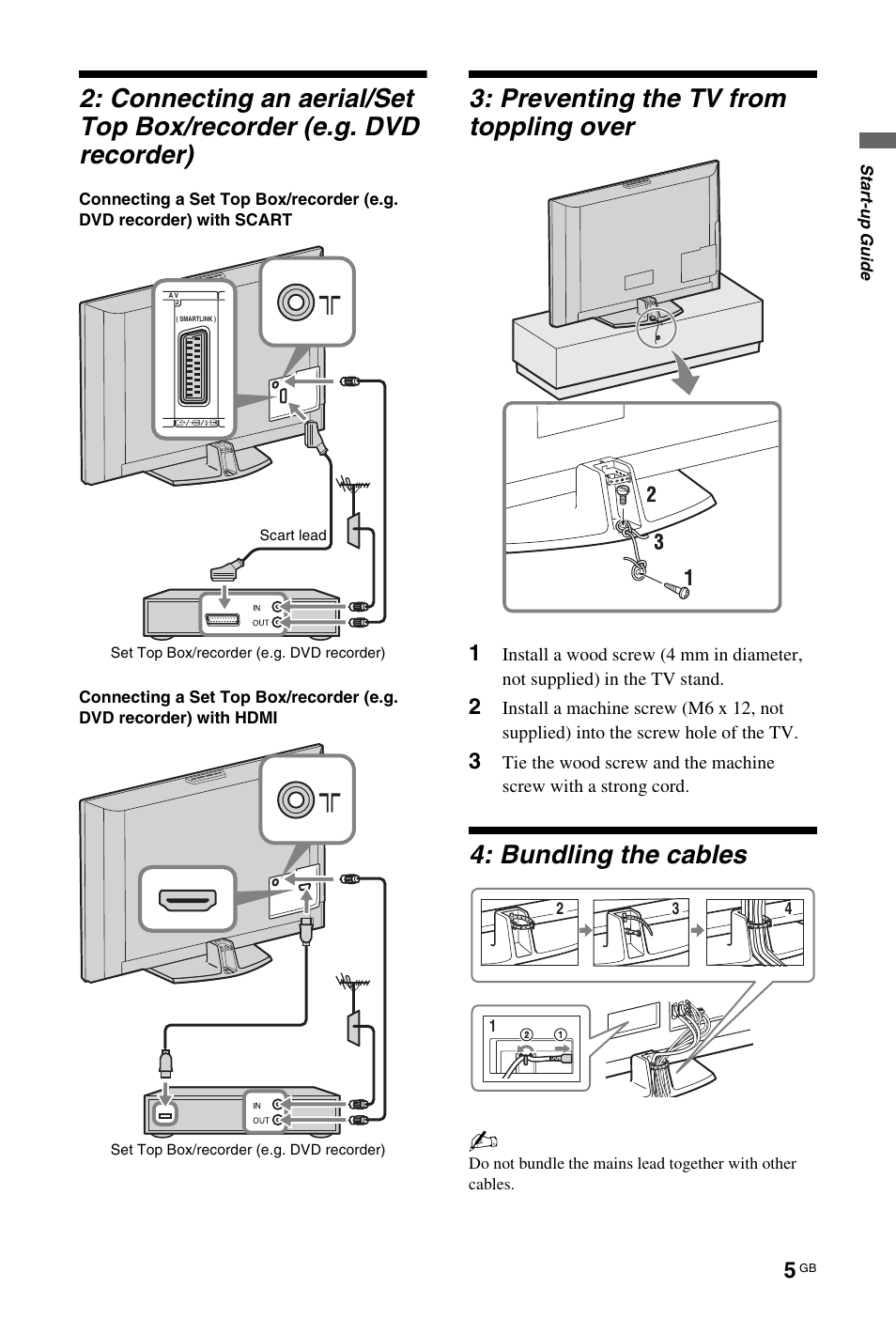 Preventing the tv from toppling over, Bundling the cables | Sony 4-106-868-11(1) User Manual | Page 5 / 55