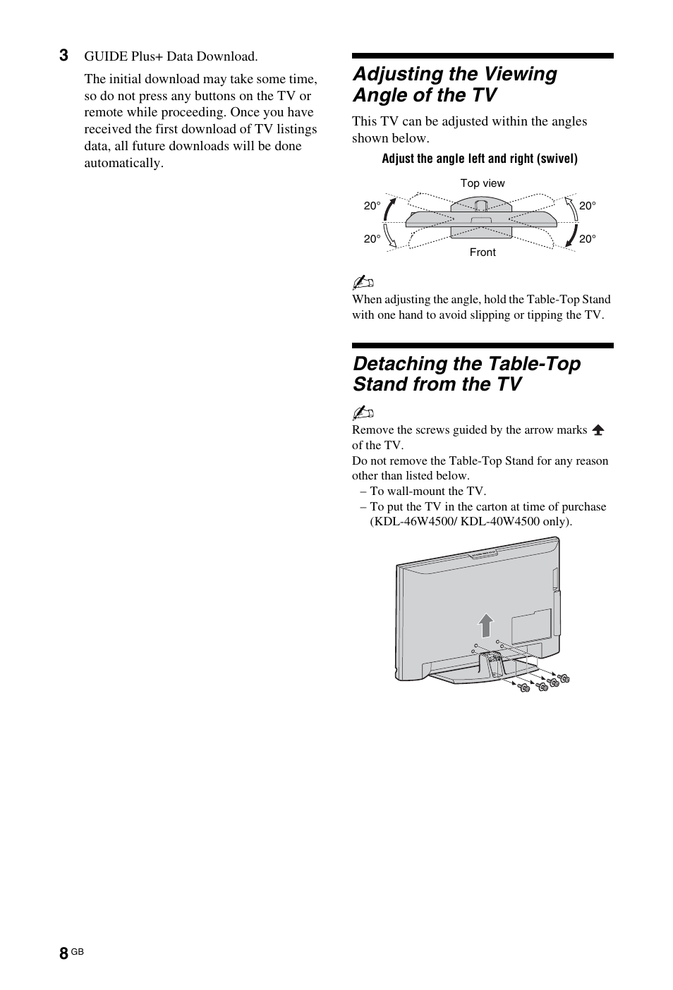 Adjusting the viewing angle of the tv, Detaching the table-top stand from the tv | Sony 4-106-868-11(1) User Manual | Page 8 / 55