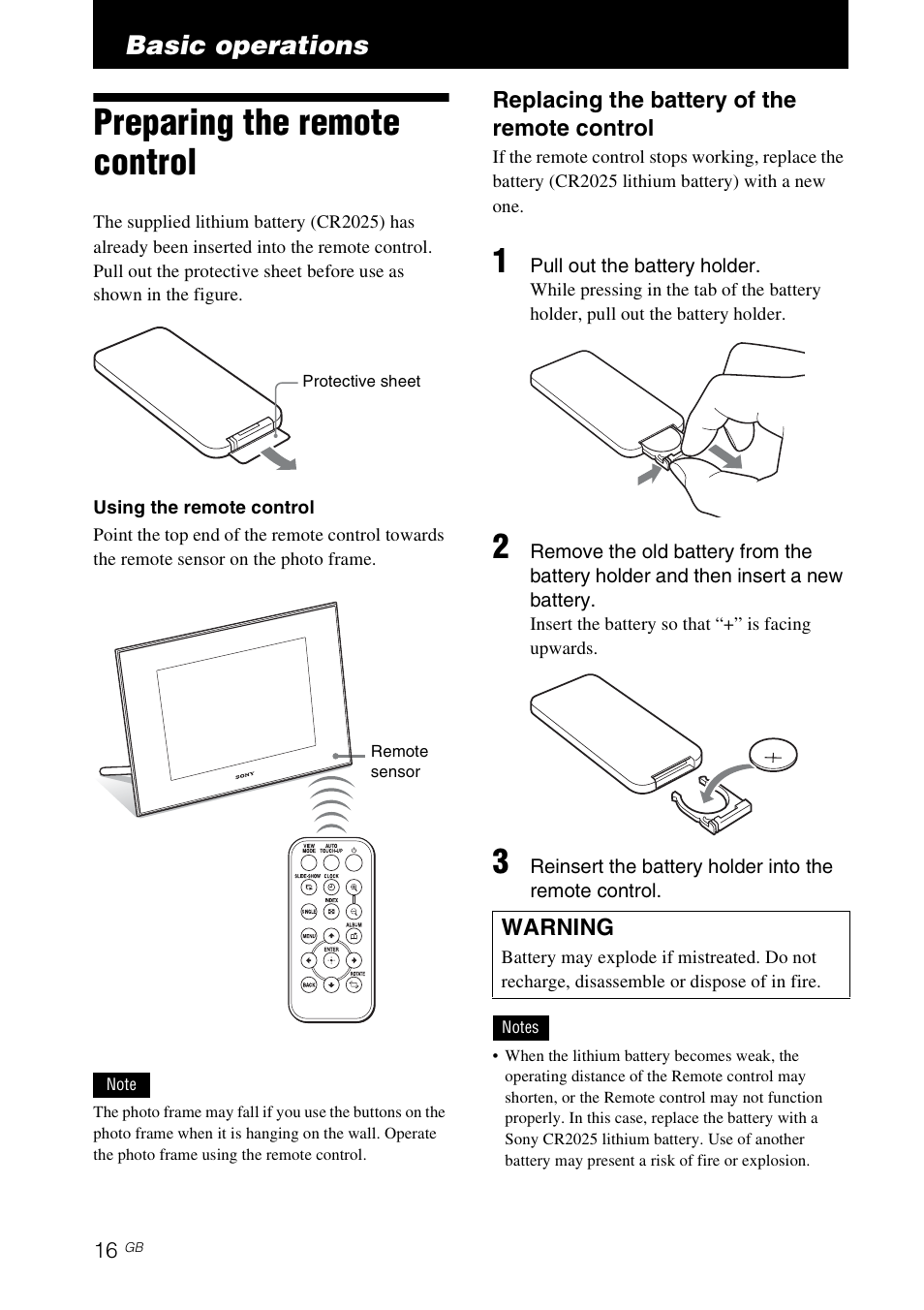 Basic operations, Preparing the remote control | Sony DPF-V800 User Manual | Page 16 / 88