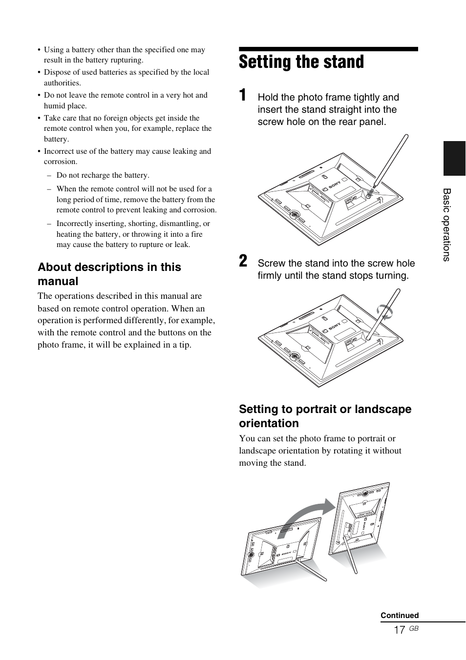Setting the stand, About descriptions in this manual, Setting to portrait or landscape orientation | Sony DPF-V800 User Manual | Page 17 / 88