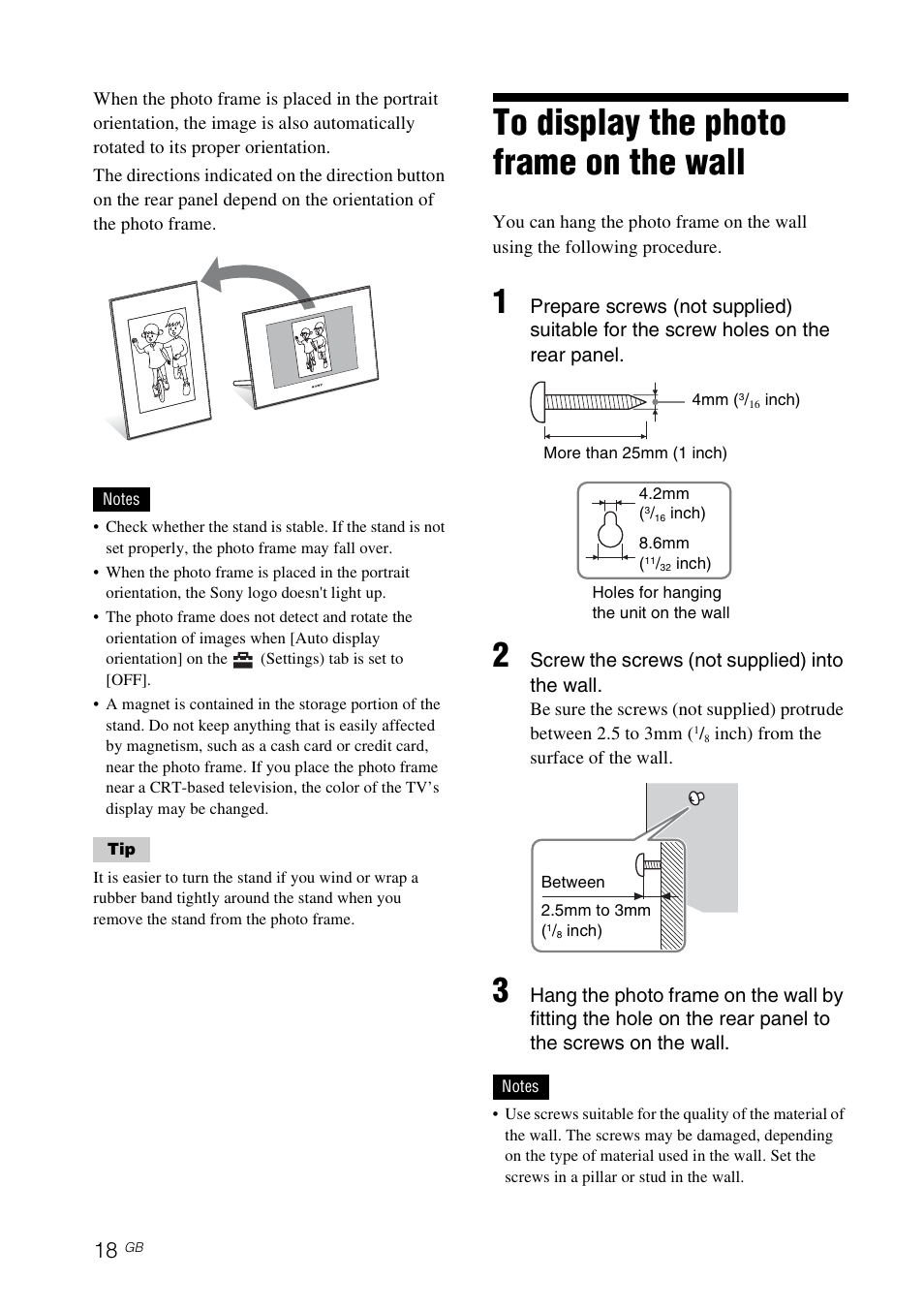To display the photo frame on the wall | Sony DPF-V800 User Manual | Page 18 / 88