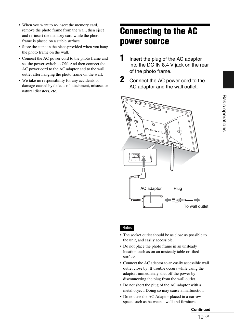 Connecting to the ac power source | Sony DPF-V800 User Manual | Page 19 / 88