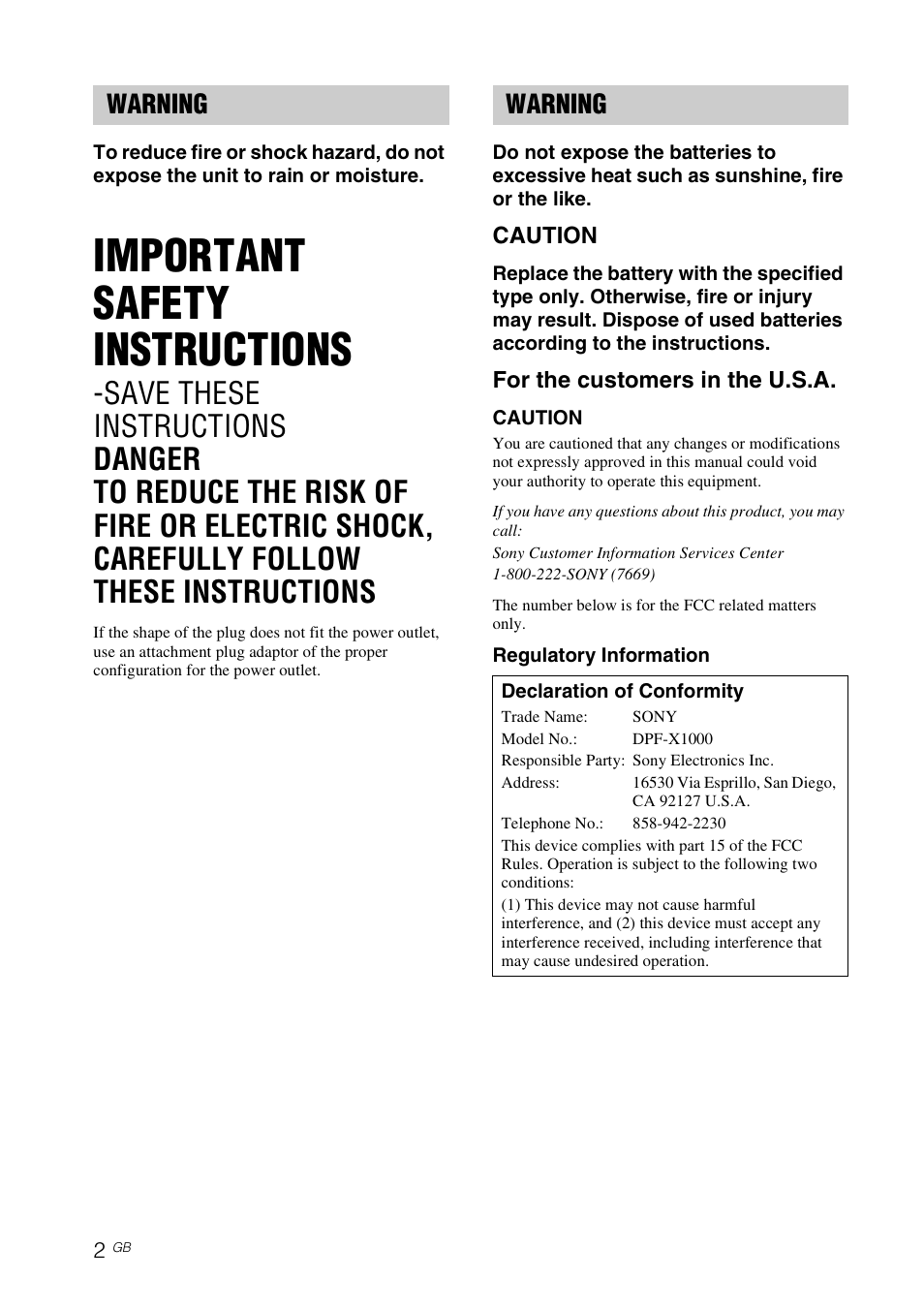 Important safety instructions, Warning | Sony DPF-V800 User Manual | Page 2 / 88