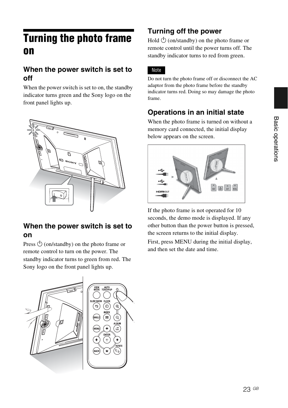 Turning the photo frame on | Sony DPF-V800 User Manual | Page 23 / 88