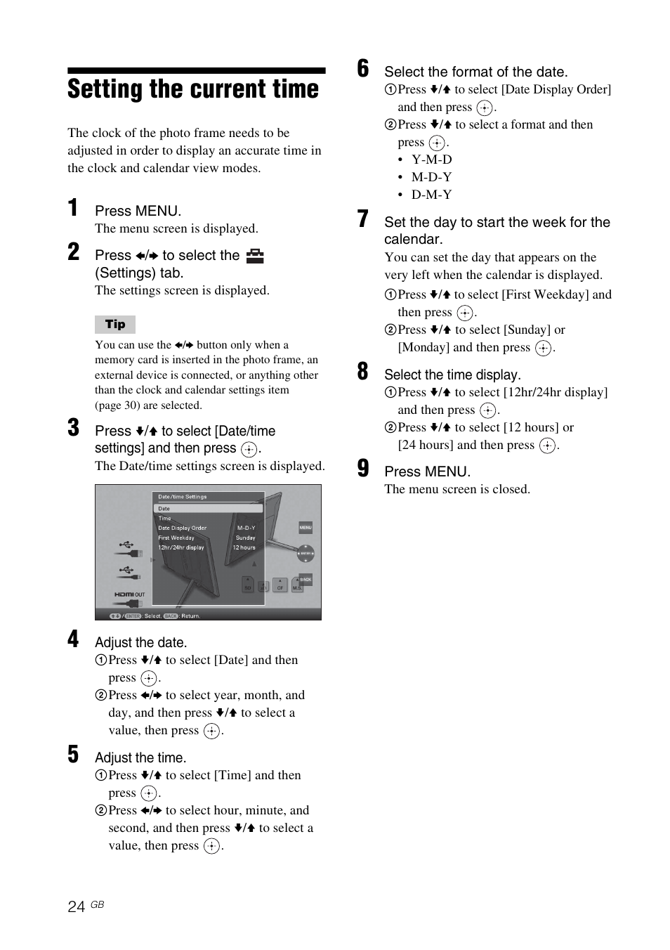 Setting the current time | Sony DPF-V800 User Manual | Page 24 / 88