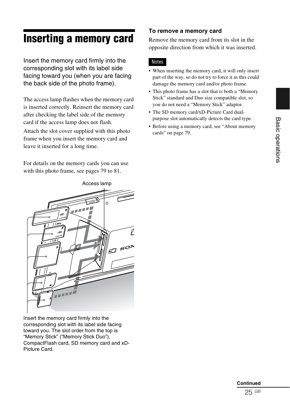 Inserting a memory card | Sony DPF-V800 User Manual | Page 25 / 88