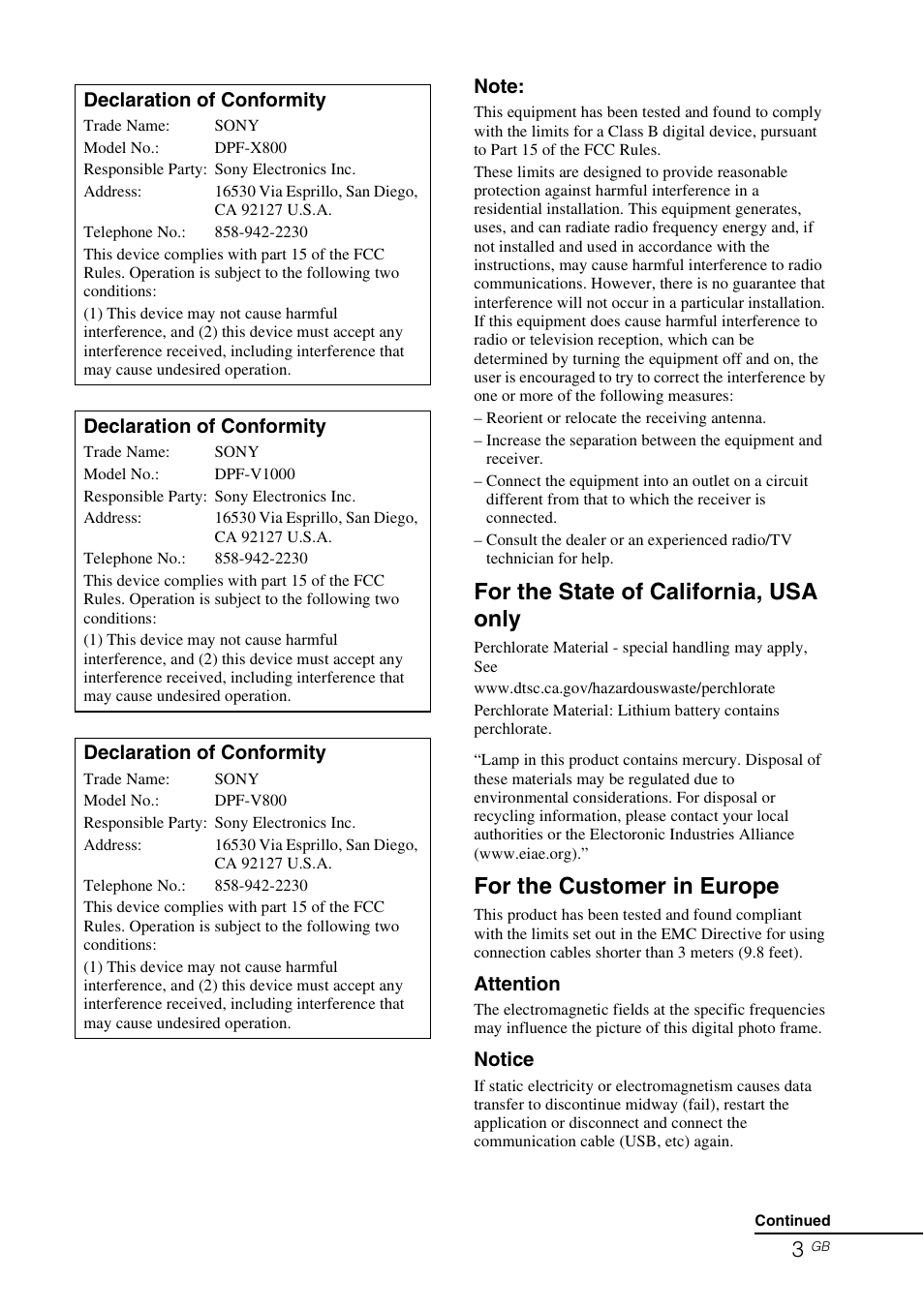 For the state of california, usa only, For the customer in europe | Sony DPF-V800 User Manual | Page 3 / 88