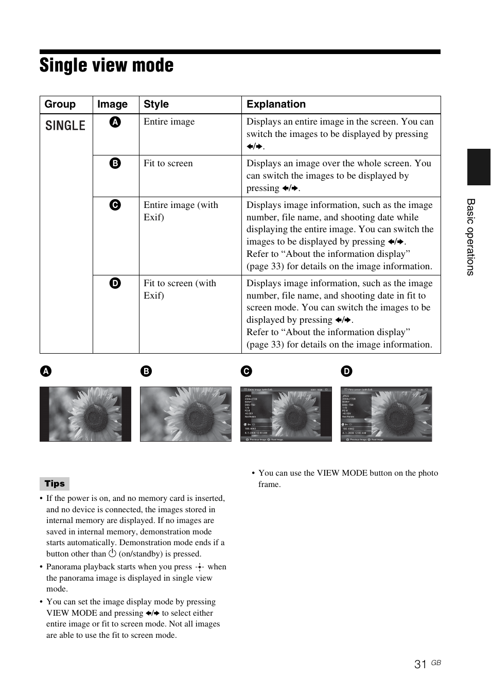 Single view mode | Sony DPF-V800 User Manual | Page 31 / 88