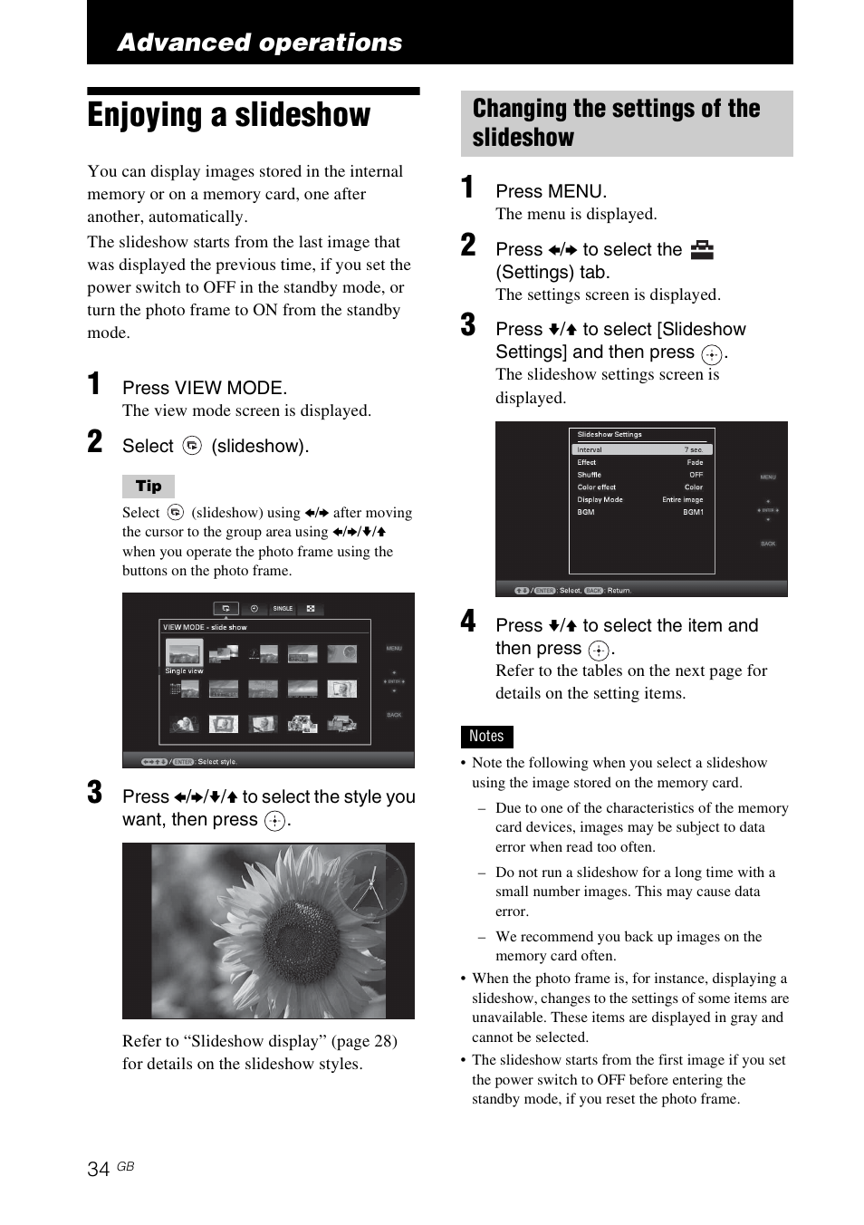 Advanced operations, Enjoying a slideshow, Changing the settings of the slideshow | Sony DPF-V800 User Manual | Page 34 / 88