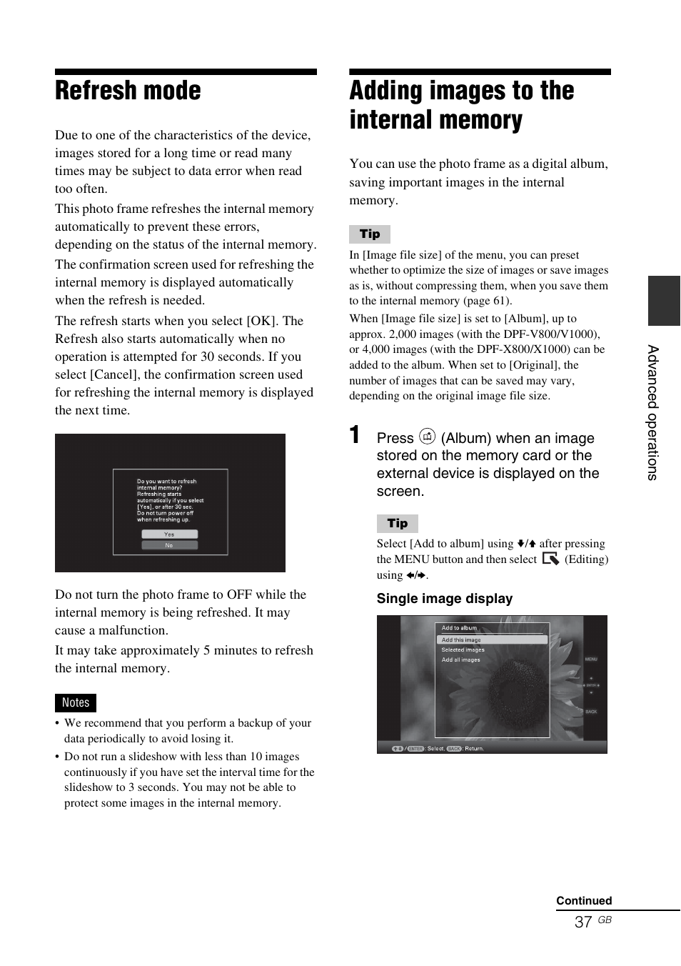 Refresh mode, Adding images to the internal memory | Sony DPF-V800 User Manual | Page 37 / 88
