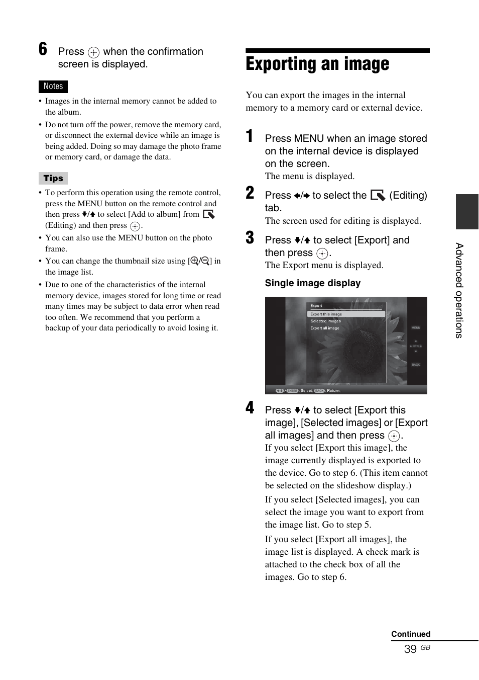 Exporting an image | Sony DPF-V800 User Manual | Page 39 / 88