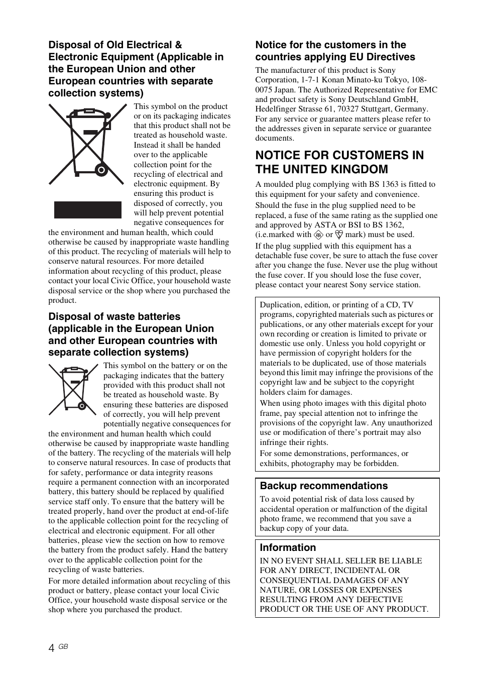 Notice for customers in the united kingdom | Sony DPF-V800 User Manual | Page 4 / 88