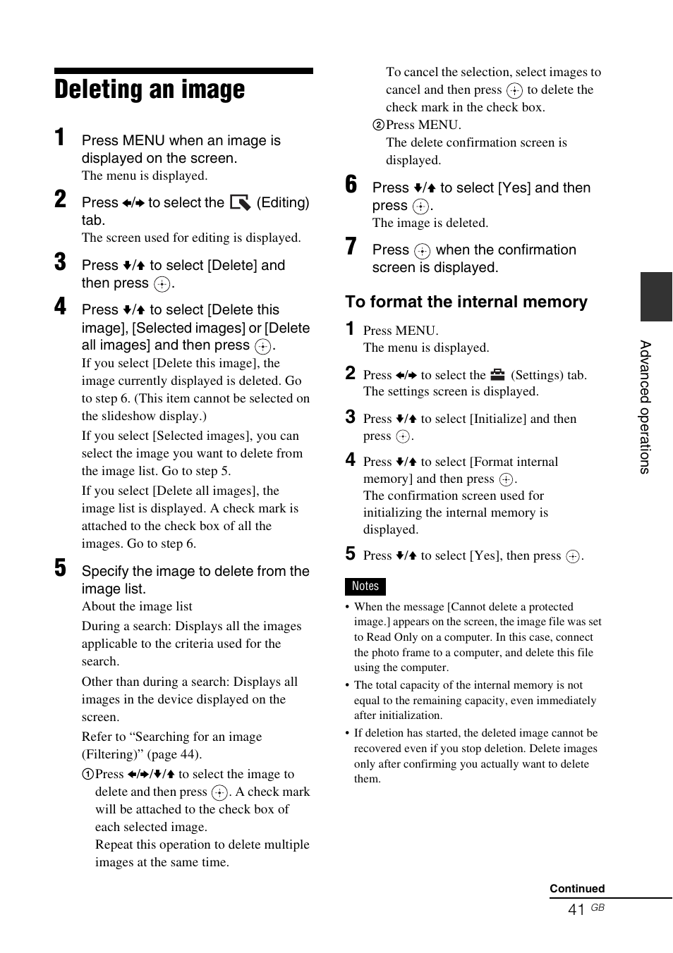 Deleting an image | Sony DPF-V800 User Manual | Page 41 / 88