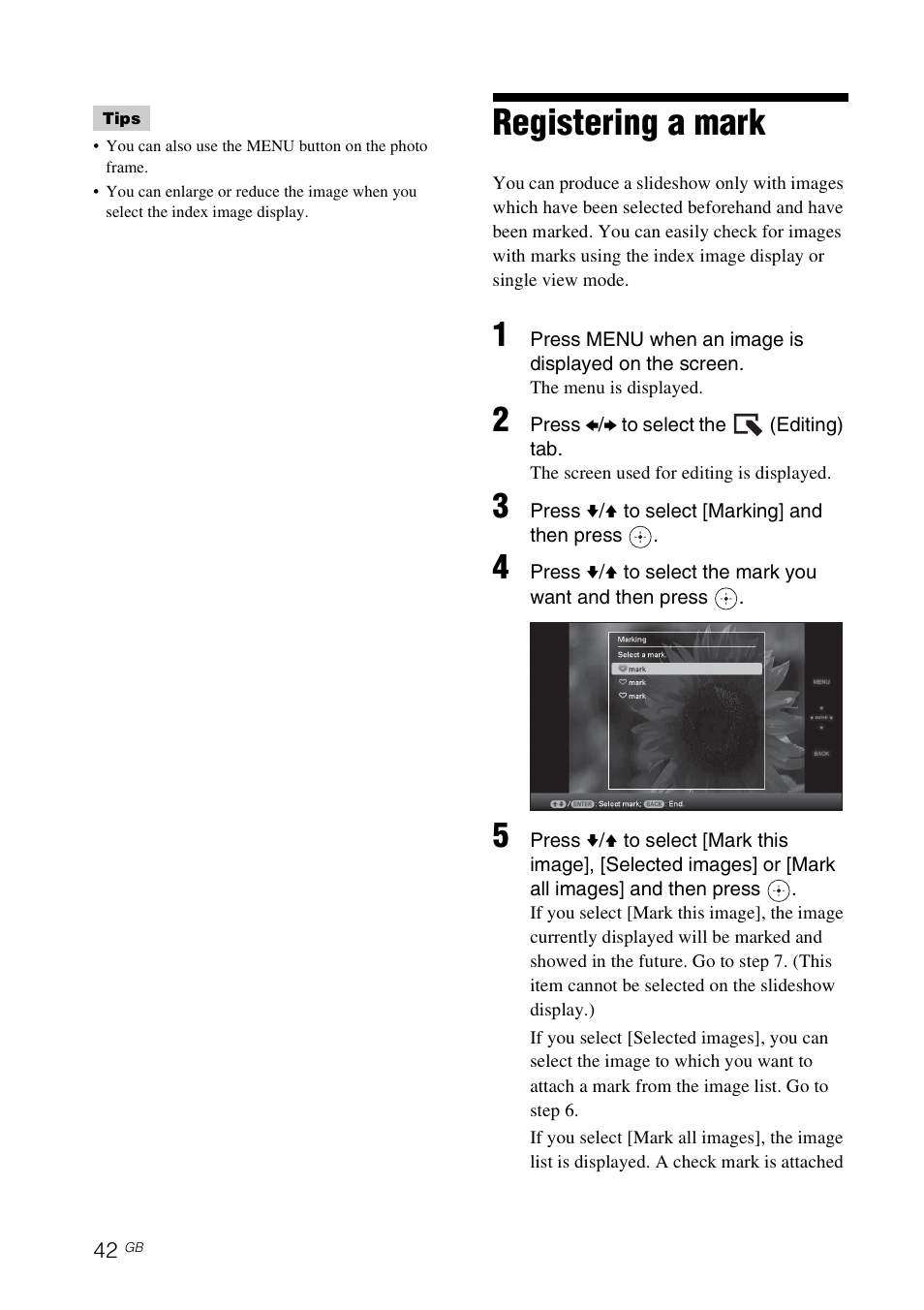 Registering a mark | Sony DPF-V800 User Manual | Page 42 / 88