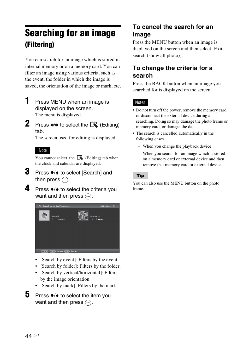 Searching for an image (filtering), Searching for an image, Filtering) | Sony DPF-V800 User Manual | Page 44 / 88