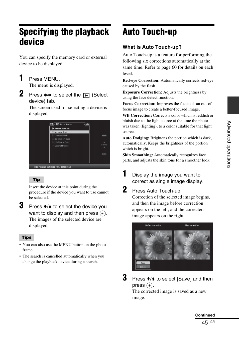 Specifying the playback device, Auto touch-up | Sony DPF-V800 User Manual | Page 45 / 88
