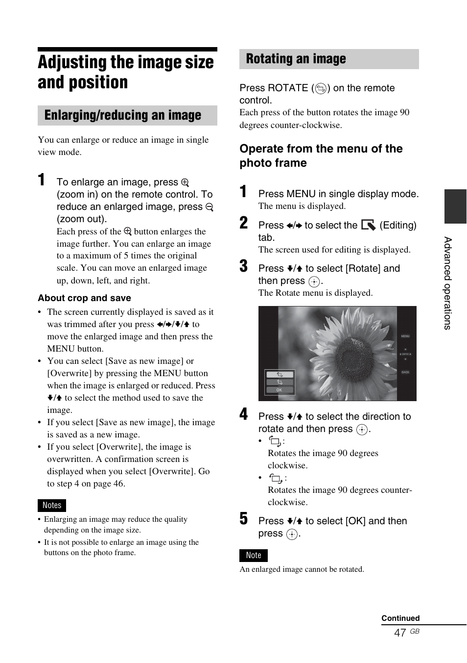 Adjusting the image size and position, Enlarging/reducing an image, Rotating an image | Adjusting the image size and, Enlarging/reducing an image rotating an image | Sony DPF-V800 User Manual | Page 47 / 88