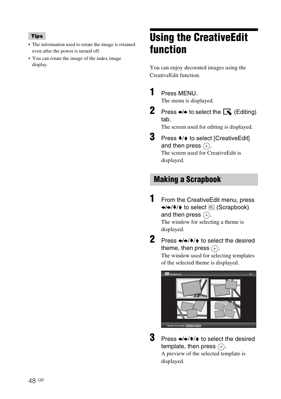 Using the creativeedit function, Making a scrapbook | Sony DPF-V800 User Manual | Page 48 / 88