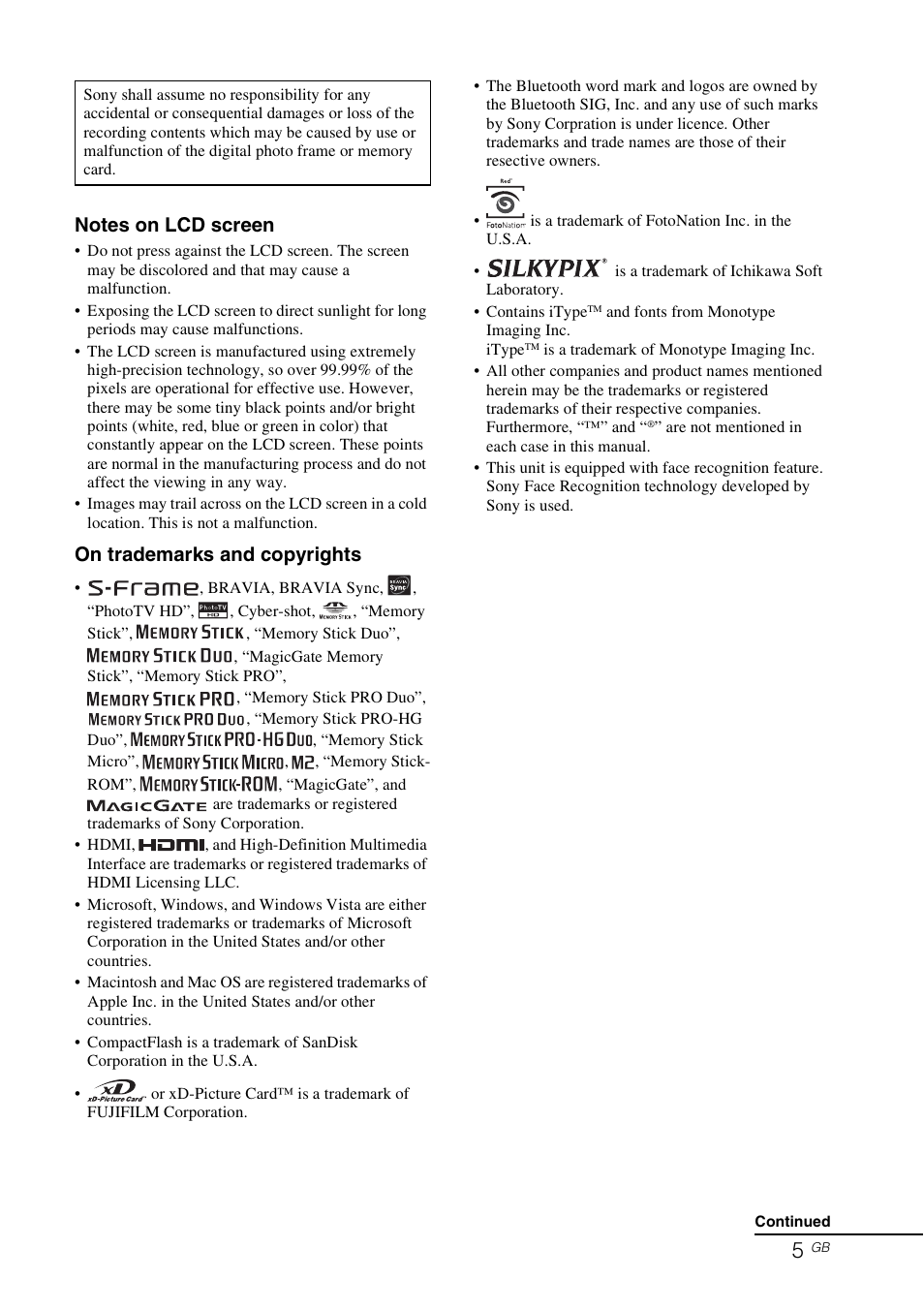 On trademarks and copyrights | Sony DPF-V800 User Manual | Page 5 / 88