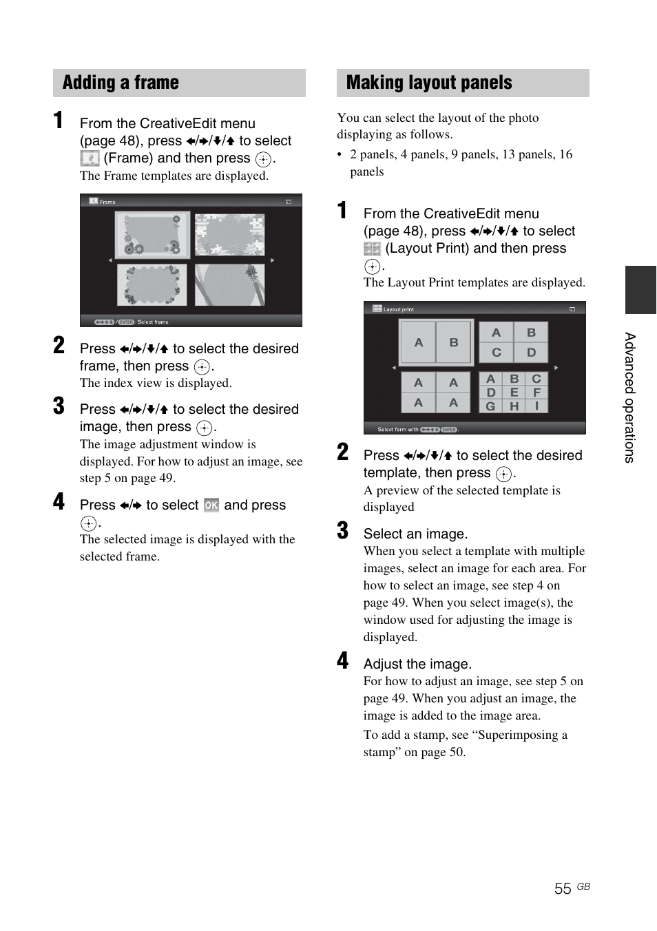Adding a frame, Making layout panels, Adding a frame making layout panels | Sony DPF-V800 User Manual | Page 55 / 88