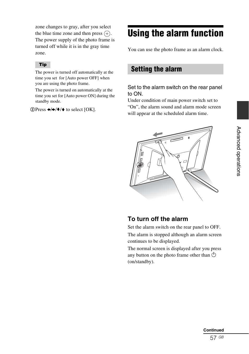 Using the alarm function, Setting the alarm | Sony DPF-V800 User Manual | Page 57 / 88