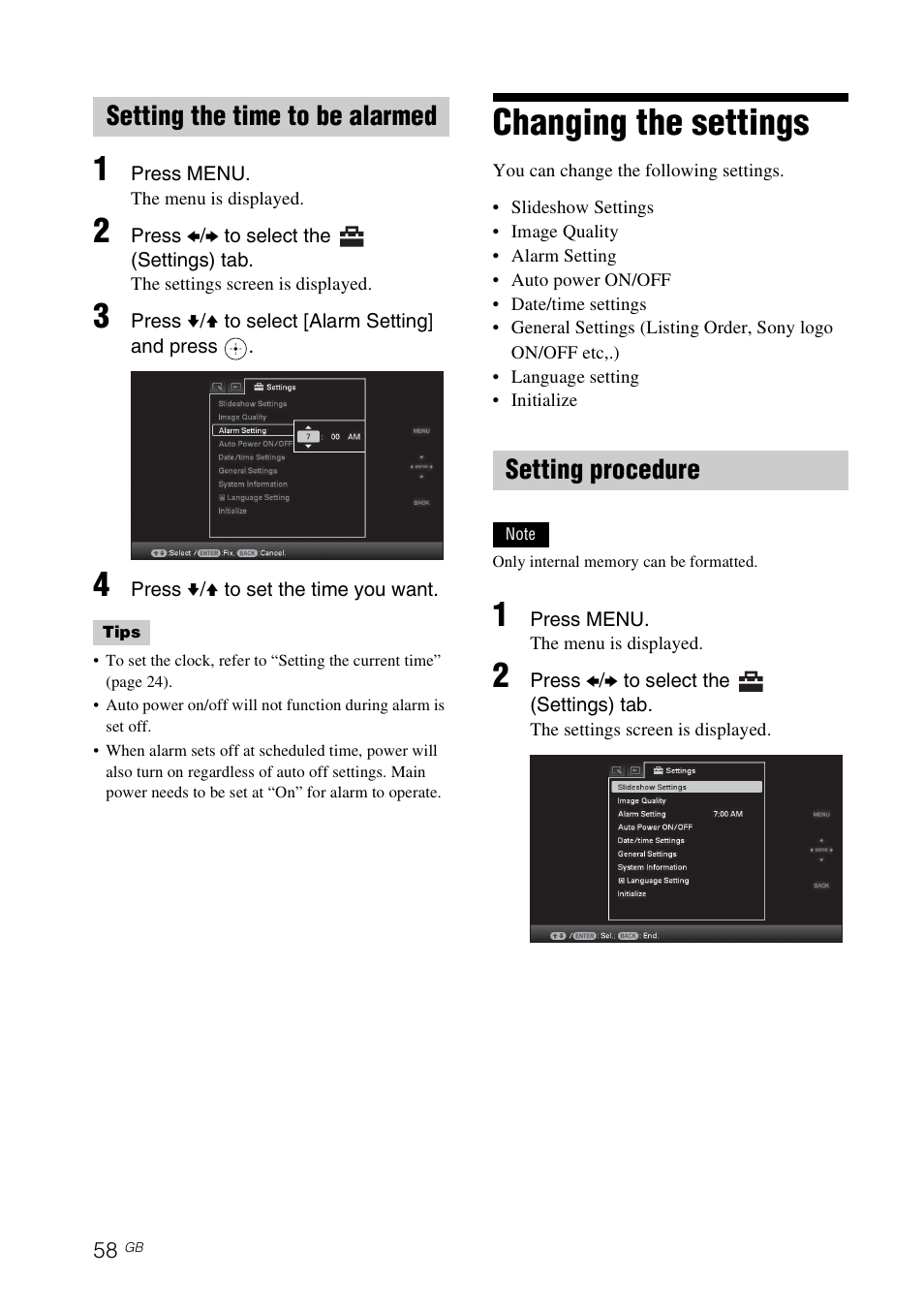 Setting the time to be alarmed, Changing the settings, Setting procedure | Setting the time to be alarmed setting procedure | Sony DPF-V800 User Manual | Page 58 / 88