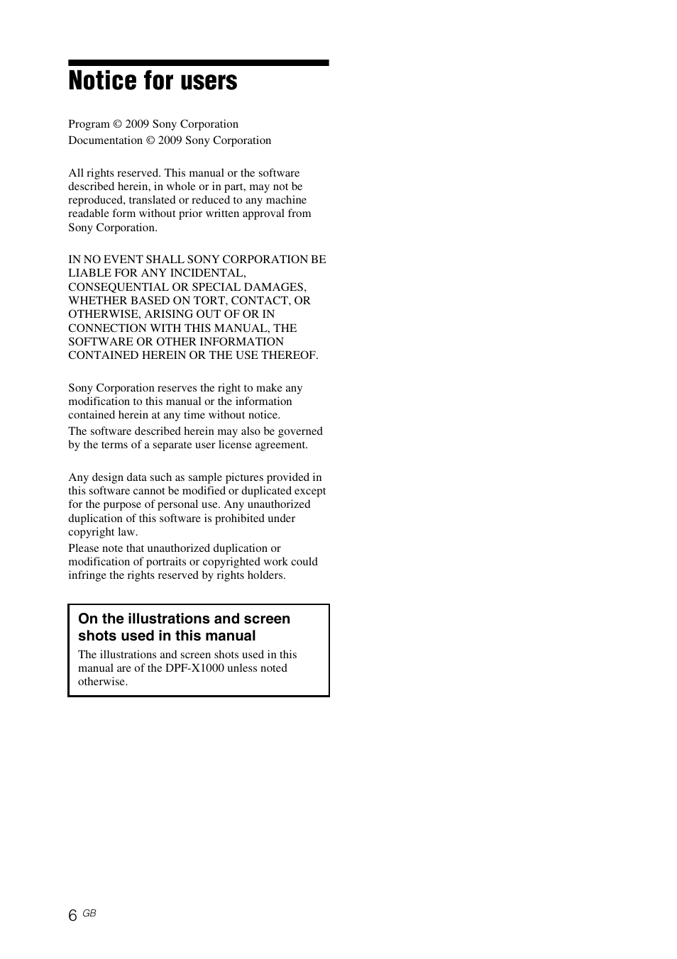 Notice for users | Sony DPF-V800 User Manual | Page 6 / 88