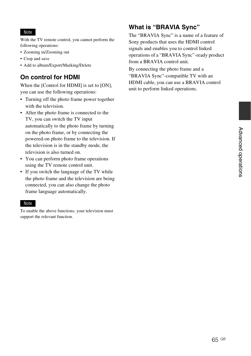 On control for hdmi, What is “bravia sync | Sony DPF-V800 User Manual | Page 65 / 88