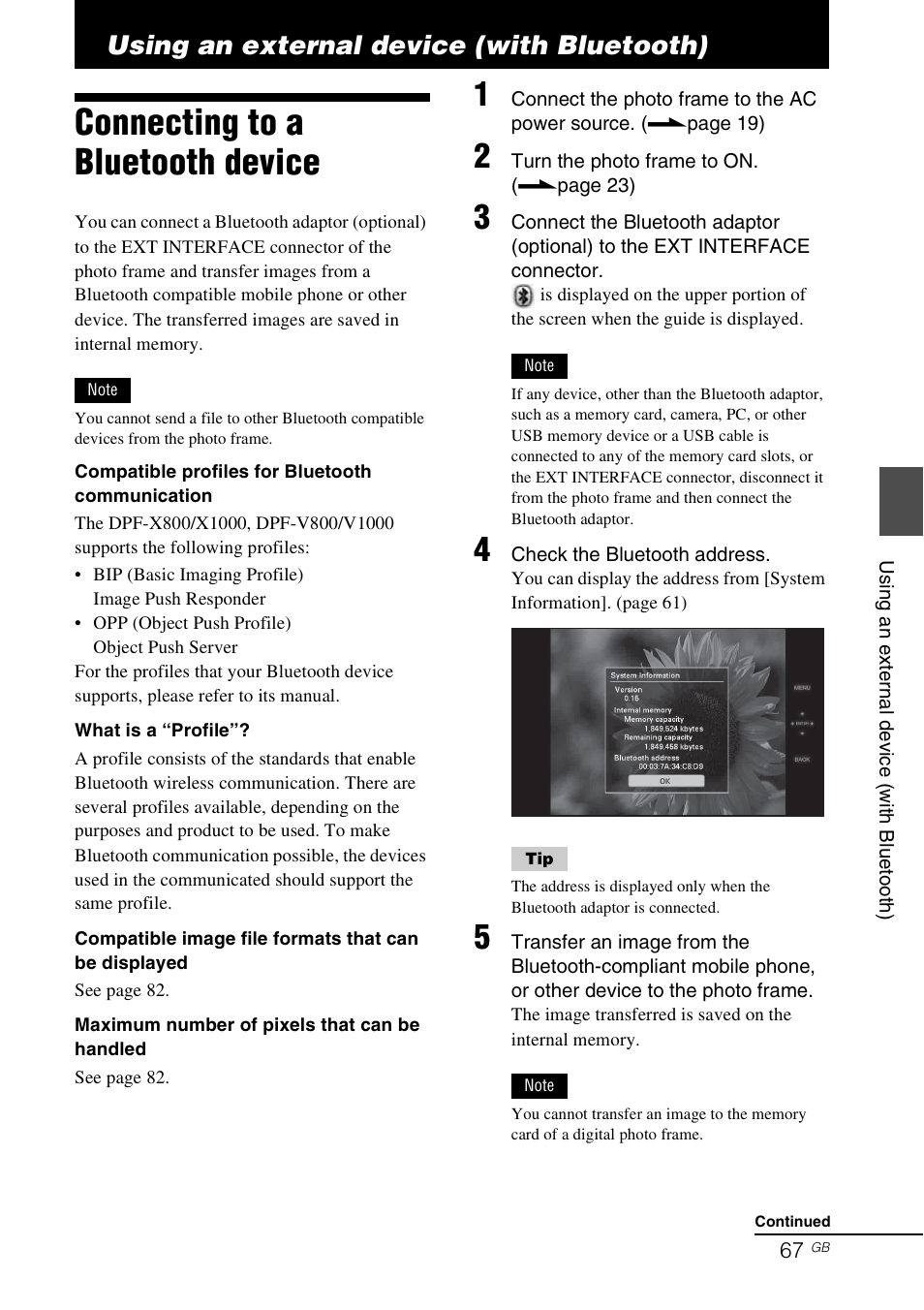 Using an external device (with bluetooth), Connecting to a bluetooth device, Using an external device | With bluetooth) | Sony DPF-V800 User Manual | Page 67 / 88