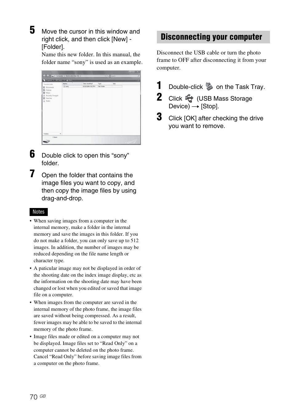 Disconnecting your computer | Sony DPF-V800 User Manual | Page 70 / 88