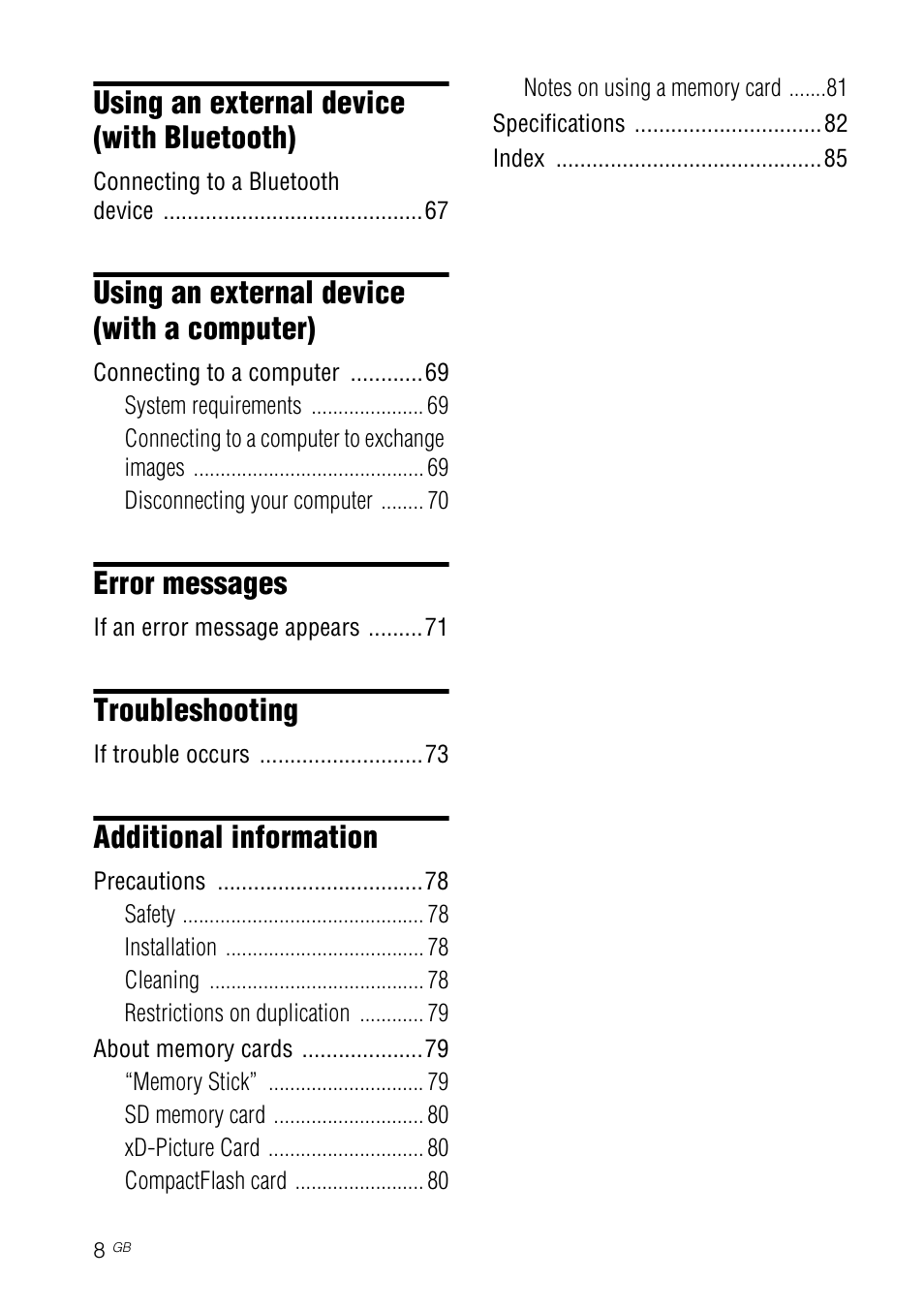 Using an external device (with bluetooth), Using an external device (with a computer), Error messages | Troubleshooting, Additional information | Sony DPF-V800 User Manual | Page 8 / 88