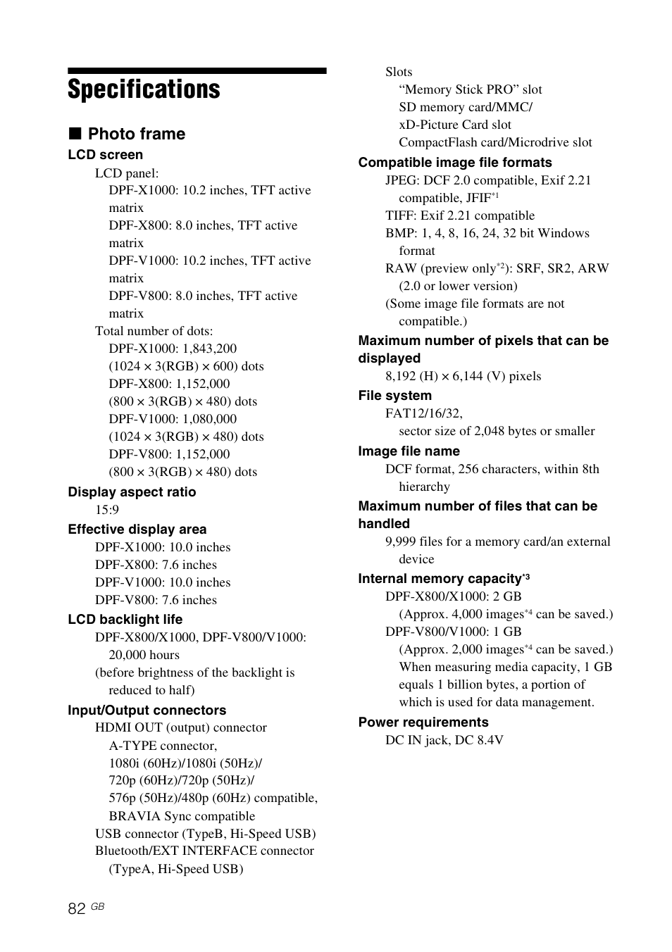 Specifications, X photo frame | Sony DPF-V800 User Manual | Page 82 / 88