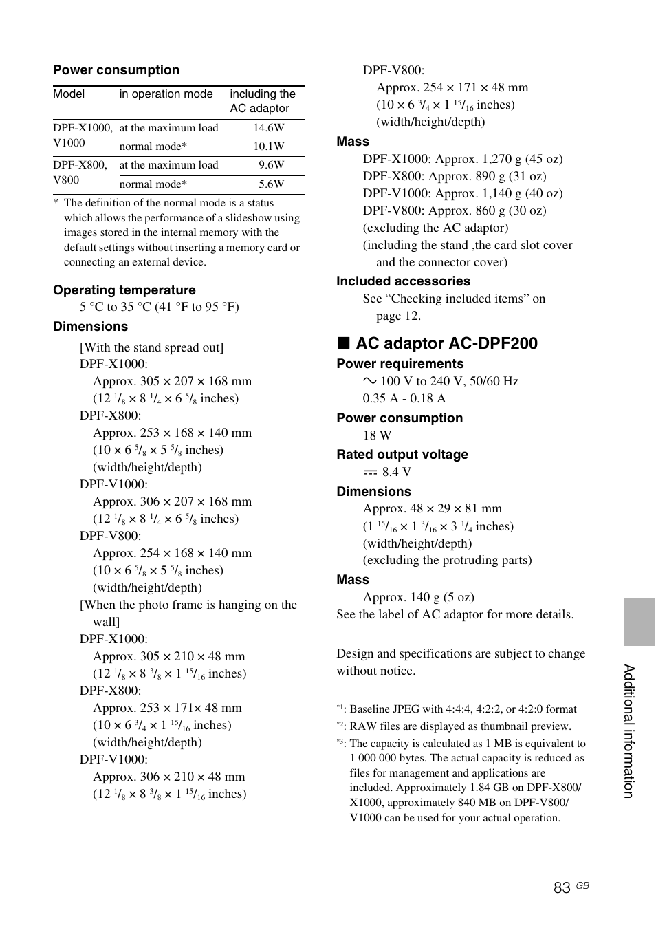 X ac adaptor ac-dpf200, Addi tio nal in form ati o n | Sony DPF-V800 User Manual | Page 83 / 88
