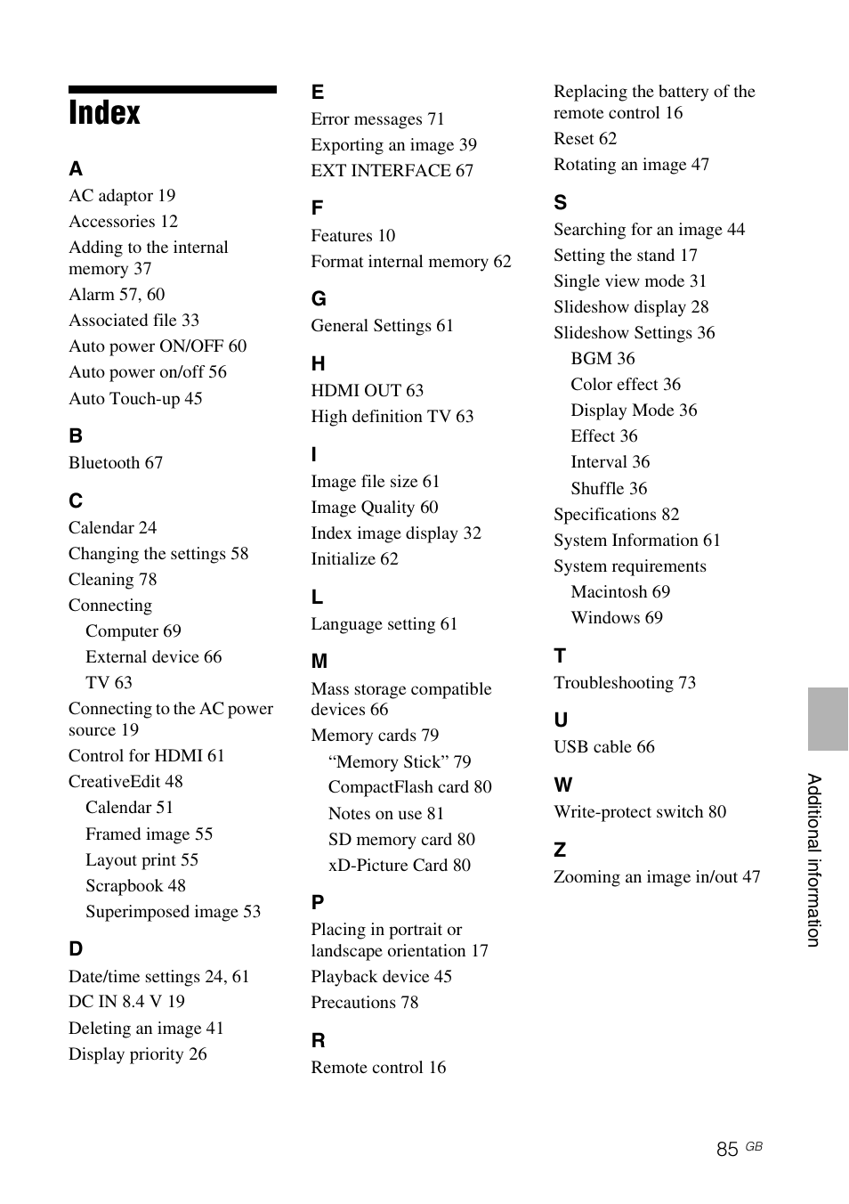 Index | Sony DPF-V800 User Manual | Page 85 / 88