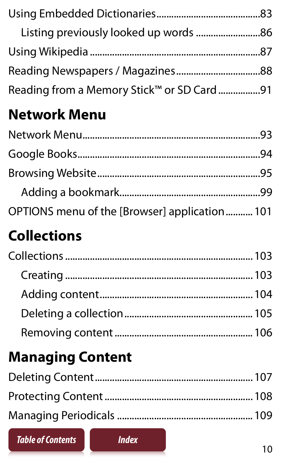 Network menu, Collections, Managing content | Sony Reader PRS-950 User Manual | Page 10 / 180