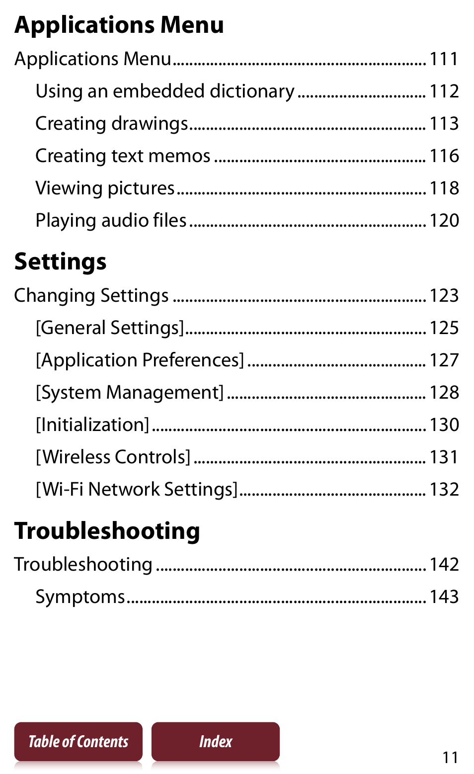 Applications menu, Settings, Troubleshooting | Sony Reader PRS-950 User Manual | Page 11 / 180