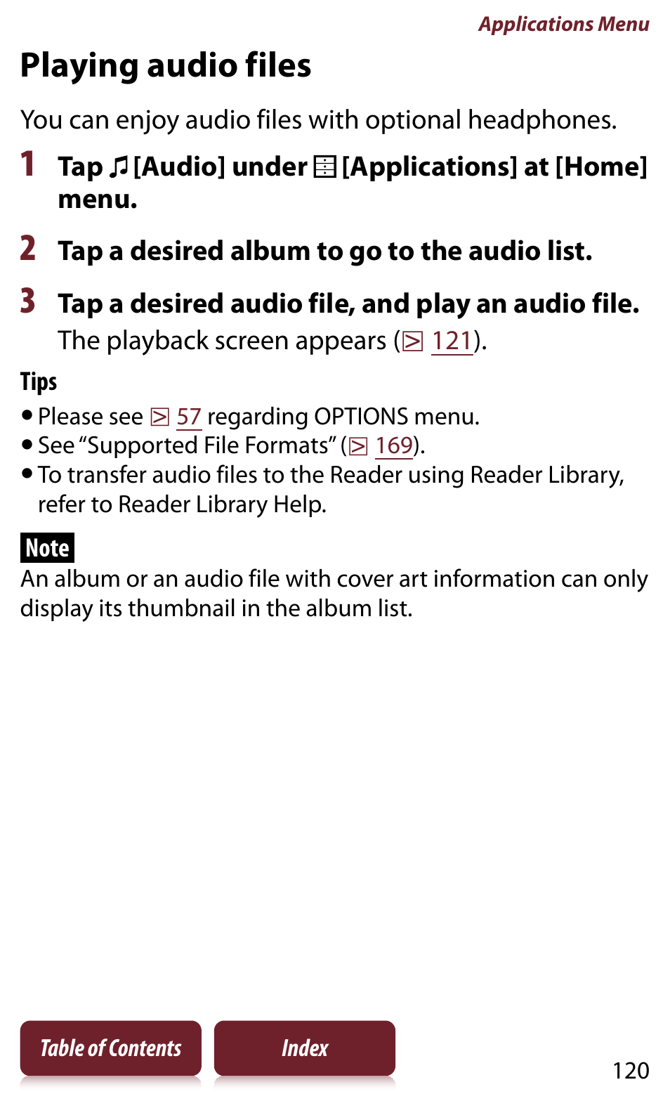 Playing audio files, O music | Sony Reader PRS-950 User Manual | Page 120 / 180